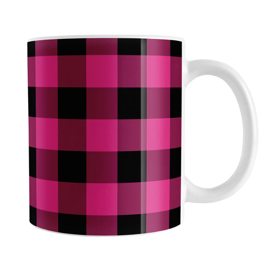 Pink and Black Buffalo Plaid Mug (11oz) at Amy's Coffee Mugs. A ceramic coffee mug designed with a dark raspberry pink and black buffalo plaid pattern that wrap around the mug up to the handle.