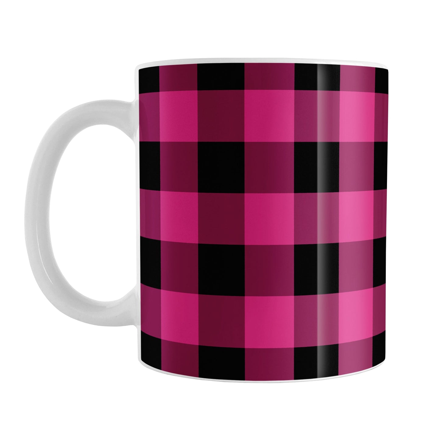 Pink and Black Buffalo Plaid Mug (11oz) at Amy's Coffee Mugs. A ceramic coffee mug designed with a dark raspberry pink and black buffalo plaid pattern that wrap around the mug up to the handle.
