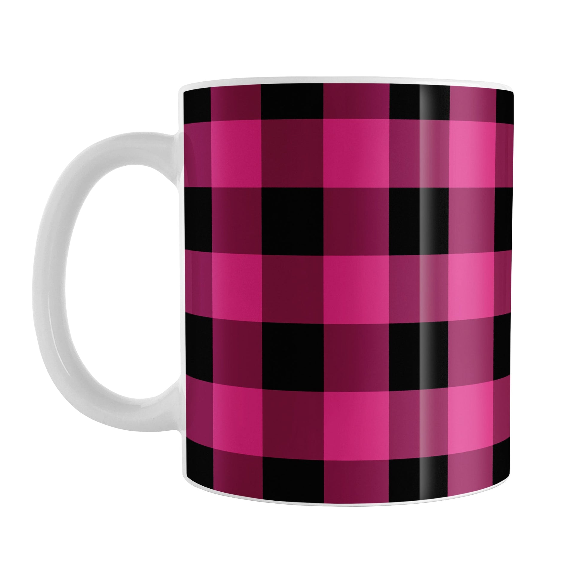 Pink and Black Buffalo Plaid Mug (11oz) at Amy's Coffee Mugs. A ceramic coffee mug designed with a dark raspberry pink and black buffalo plaid pattern that wrap around the mug up to the handle.