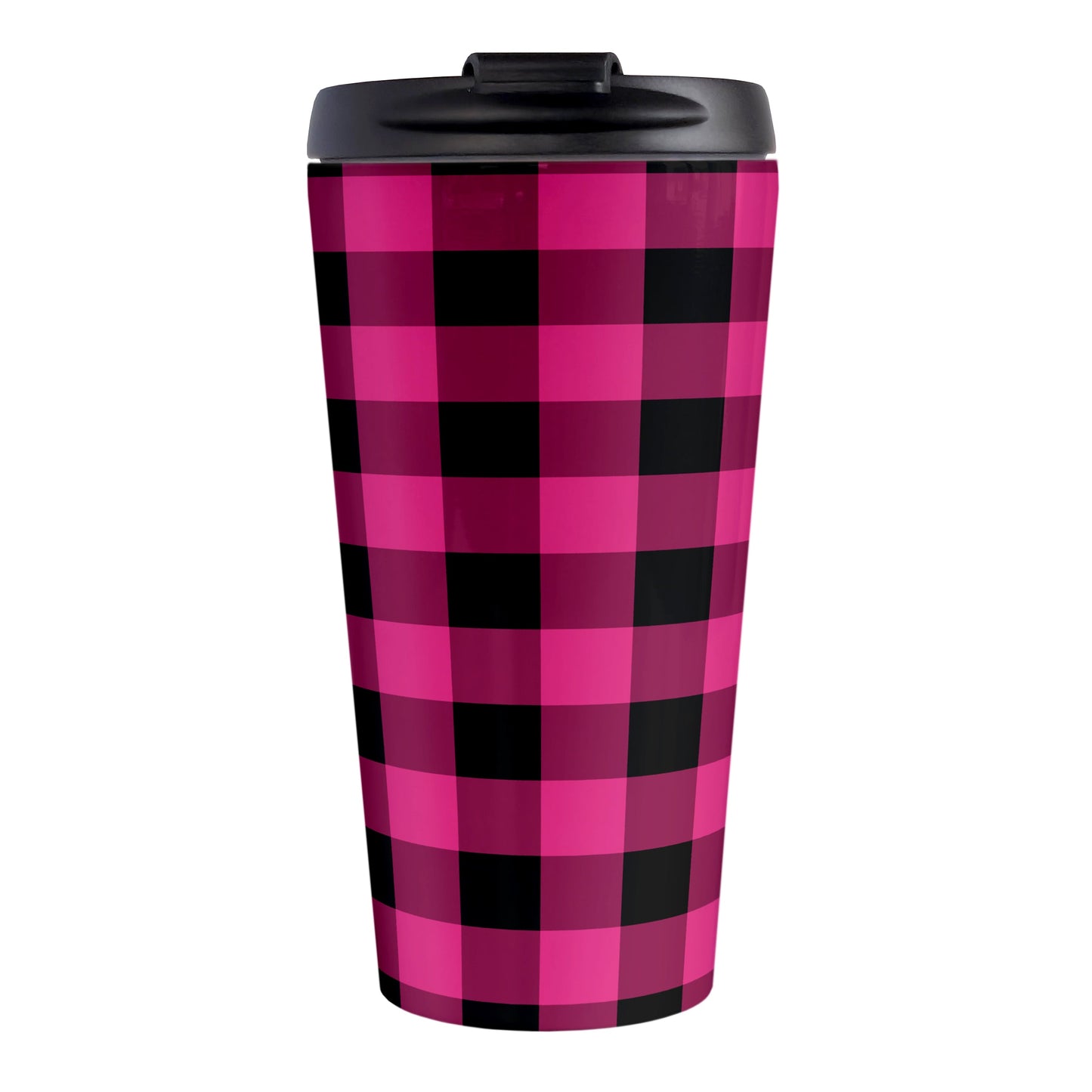 Pink and Black Buffalo Plaid Travel Mug (15oz, stainless steel insulated) at Amy's Coffee Mugs. A travel mug designed with a dark raspberry pink and black buffalo plaid pattern that wraps around the mug.