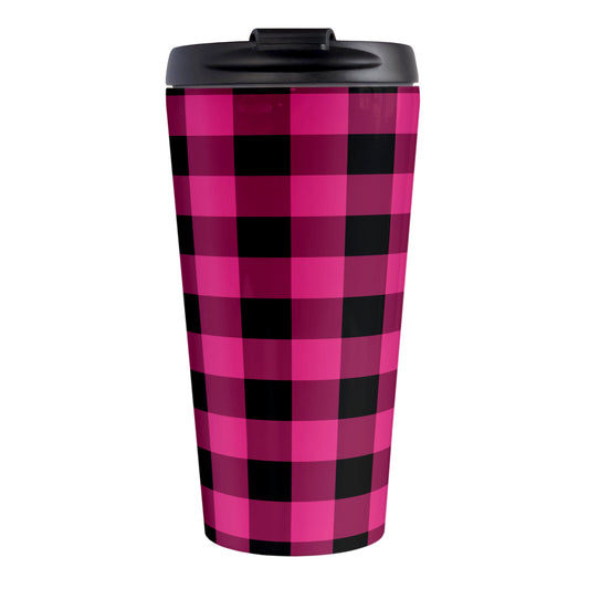 Pink and Black Buffalo Plaid Travel Mug (15oz, stainless steel insulated) at Amy's Coffee Mugs. A travel mug designed with a dark raspberry pink and black buffalo plaid pattern that wraps around the mug.