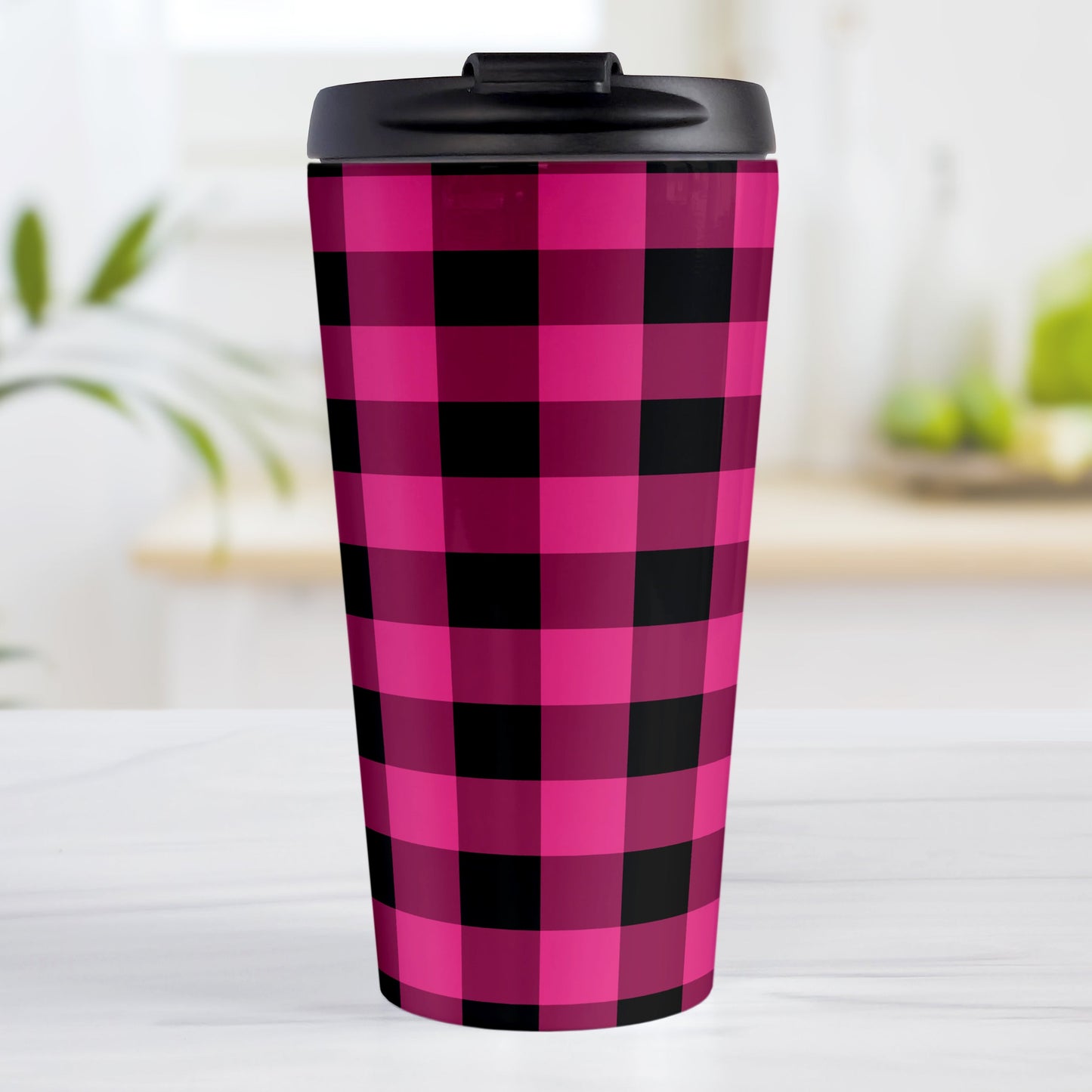 Pink and Black Buffalo Plaid Travel Mug (15oz, stainless steel insulated) at Amy's Coffee Mugs. A travel mug designed with a dark raspberry pink and black buffalo plaid pattern that wraps around the mug.