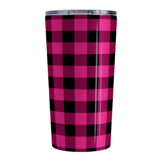 Pink and Black Buffalo Plaid Tumbler Cup (20oz, stainless steel insulated) at Amy's Coffee Mugs. A tumbler cup designed with a dark raspberry pink and black buffalo plaid pattern that wraps around the cup.