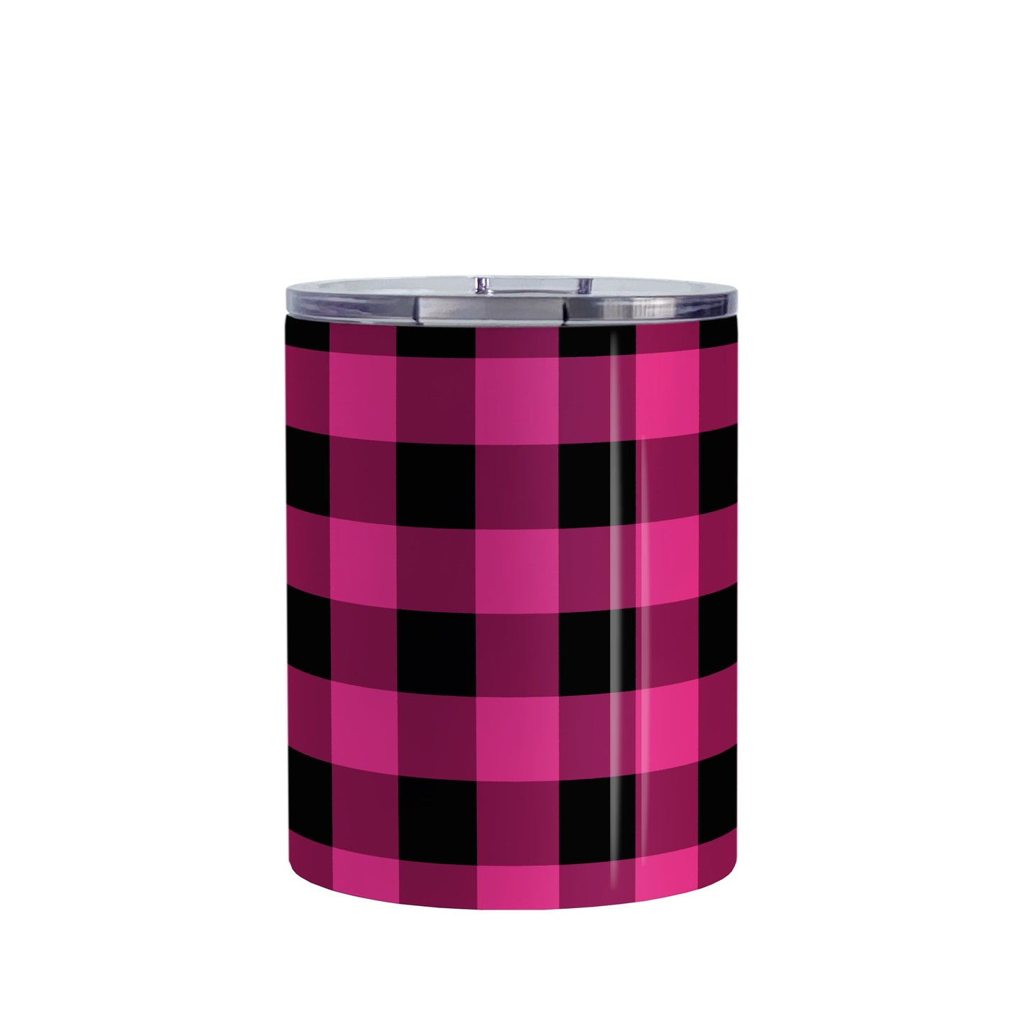Pink and Black Buffalo Plaid Tumbler Cup (10oz, stainless steel insulated) at Amy's Coffee Mugs. A tumbler cup designed with a dark raspberry pink and black buffalo plaid pattern that wraps around the cup.