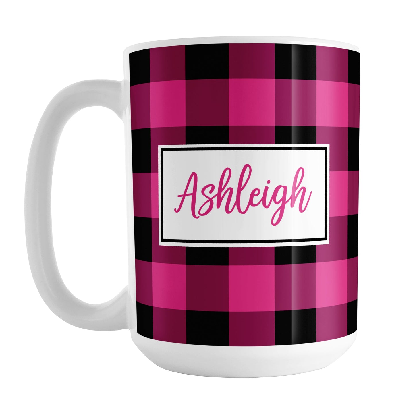 Pink and Black Personalized Name Buffalo Plaid Mug (15oz) at Amy's Coffee Mugs. A ceramic coffee mug designed with a raspberry pink and black buffalo plaid (buffalo check) pattern that wraps around the mug up to the handle. Your name is printed in a raspberry pink script font in a white frame design on both sides of the mug over the buffalo plaid background.