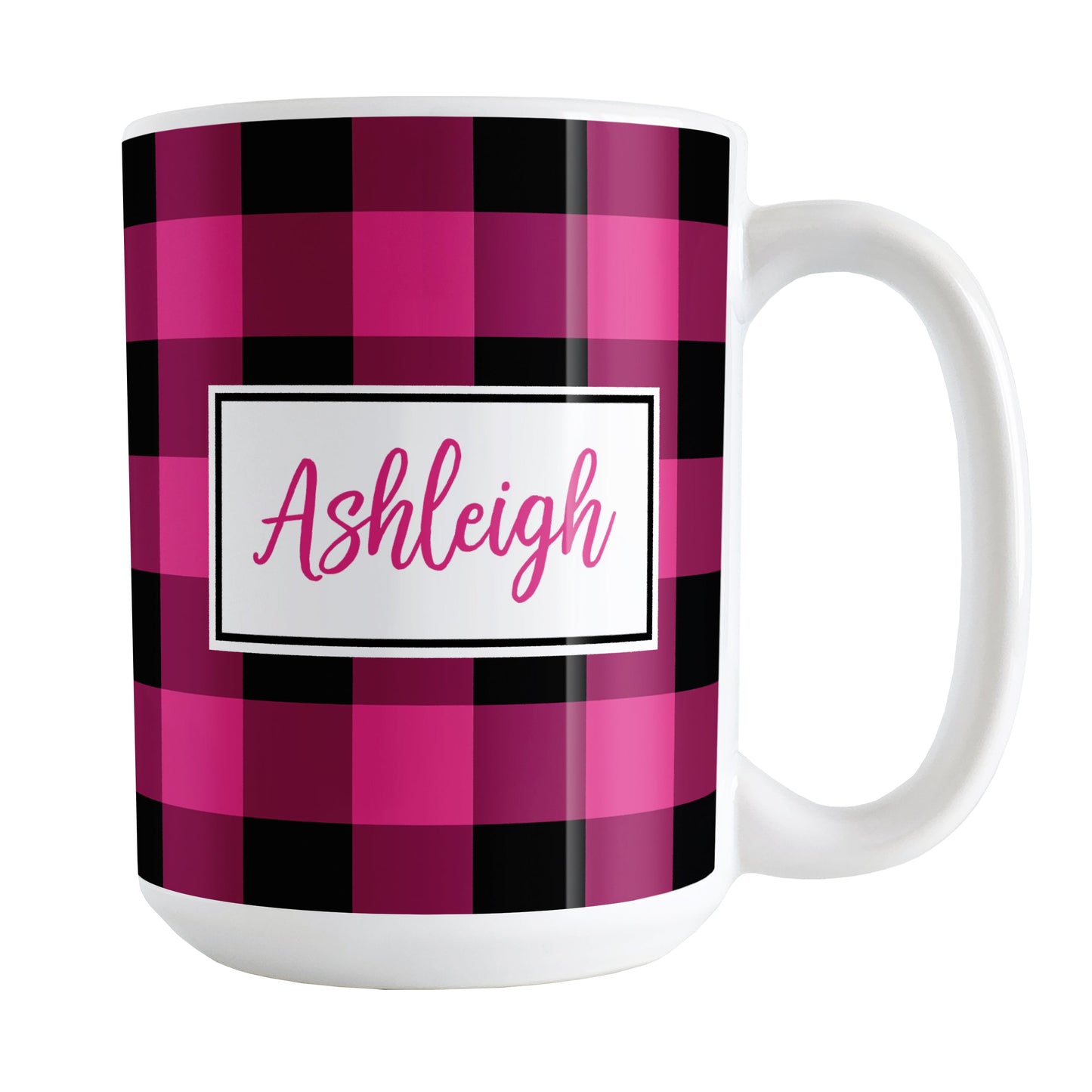 Pink and Black Personalized Name Buffalo Plaid Mug (15oz) at Amy's Coffee Mugs. A ceramic coffee mug designed with a raspberry pink and black buffalo plaid (buffalo check) pattern that wraps around the mug up to the handle. Your name is printed in a raspberry pink script font in a white frame design on both sides of the mug over the buffalo plaid background.