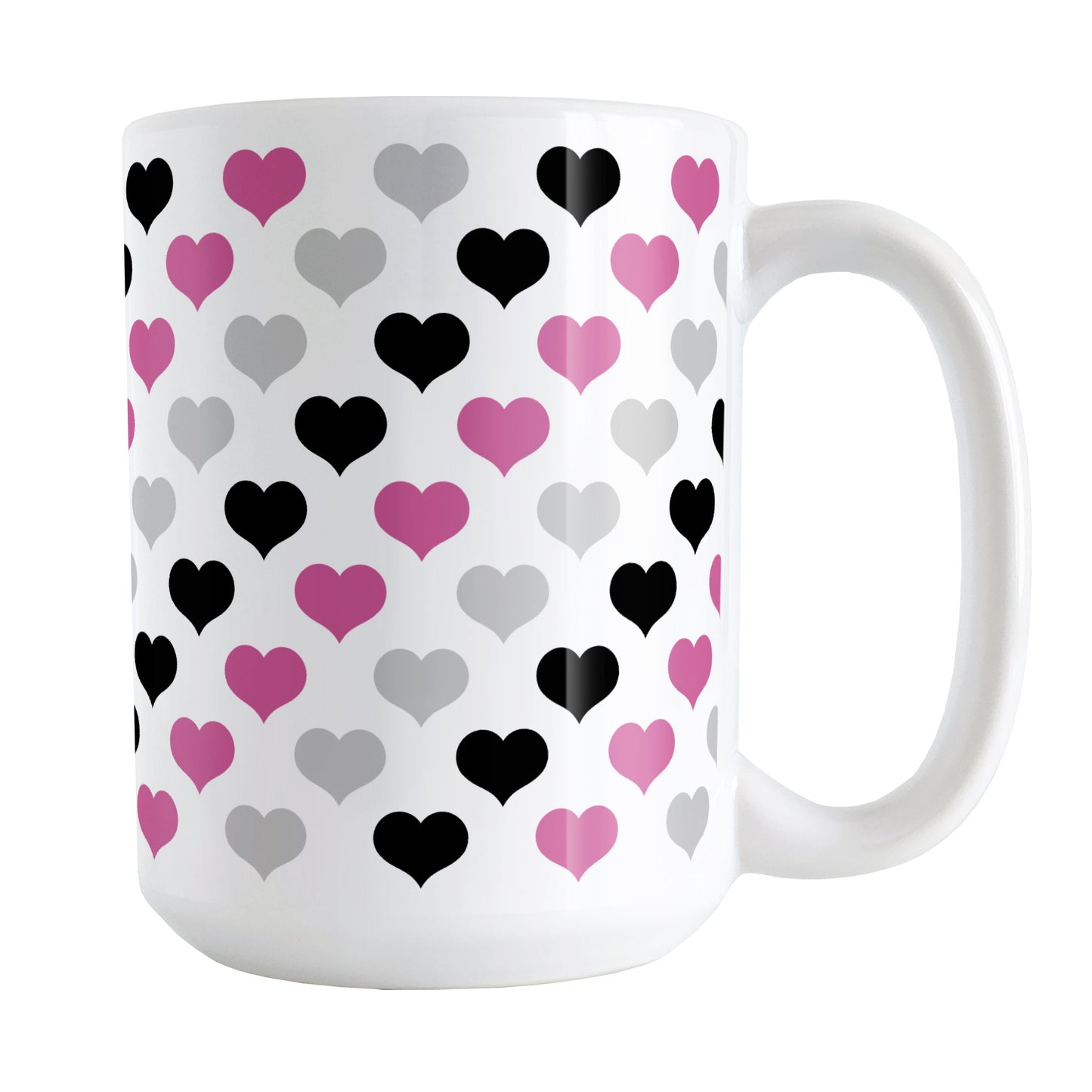 Pink Black Gray Hearts Pattern Mug (15oz) at Amy's Coffee Mugs. A ceramic coffee mug designed with a pattern of hearts in black, pink, and gray that wraps around the mug up to the handle.