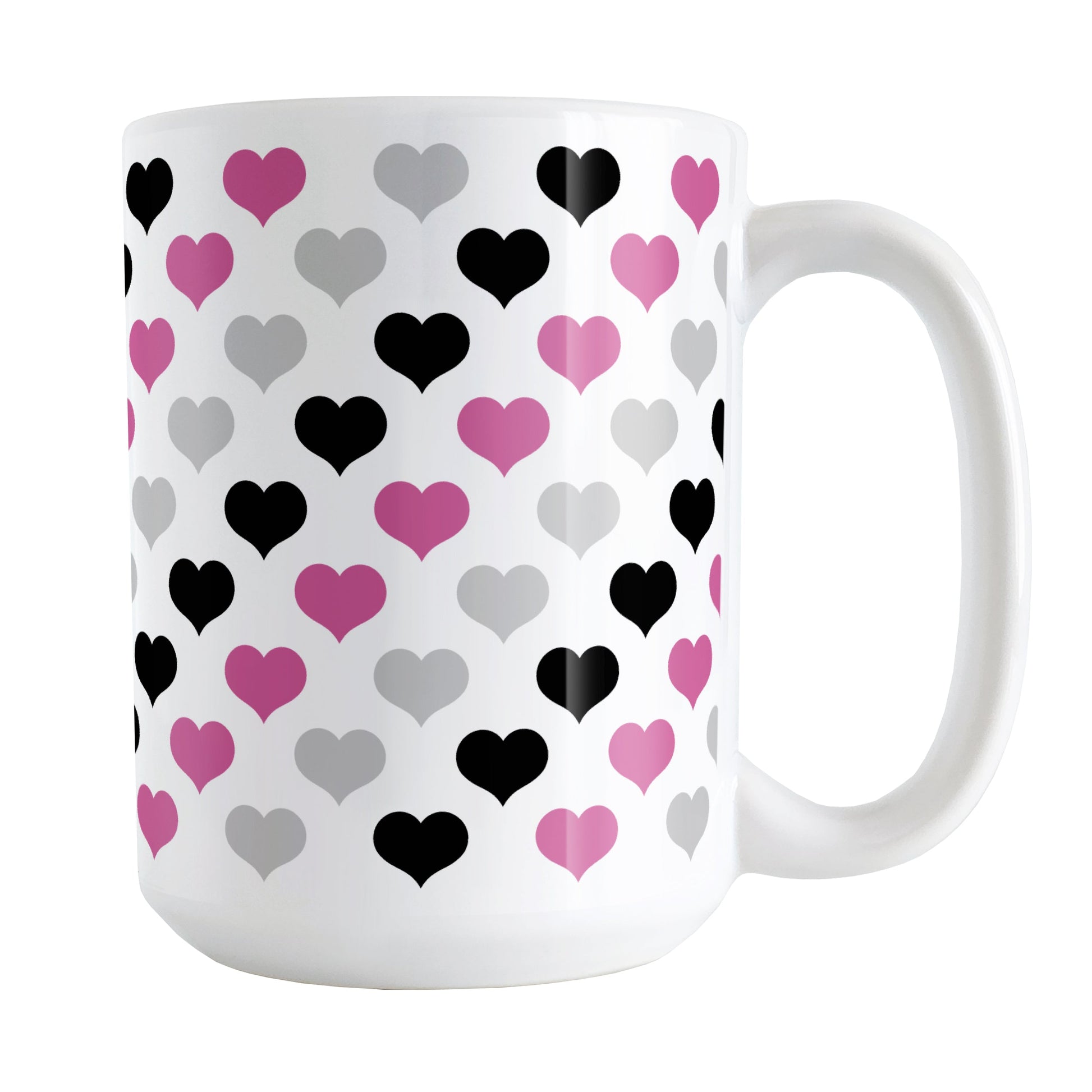 Pink Black Gray Hearts Pattern Mug (15oz) at Amy's Coffee Mugs. A ceramic coffee mug designed with a pattern of hearts in black, pink, and gray that wraps around the mug up to the handle.