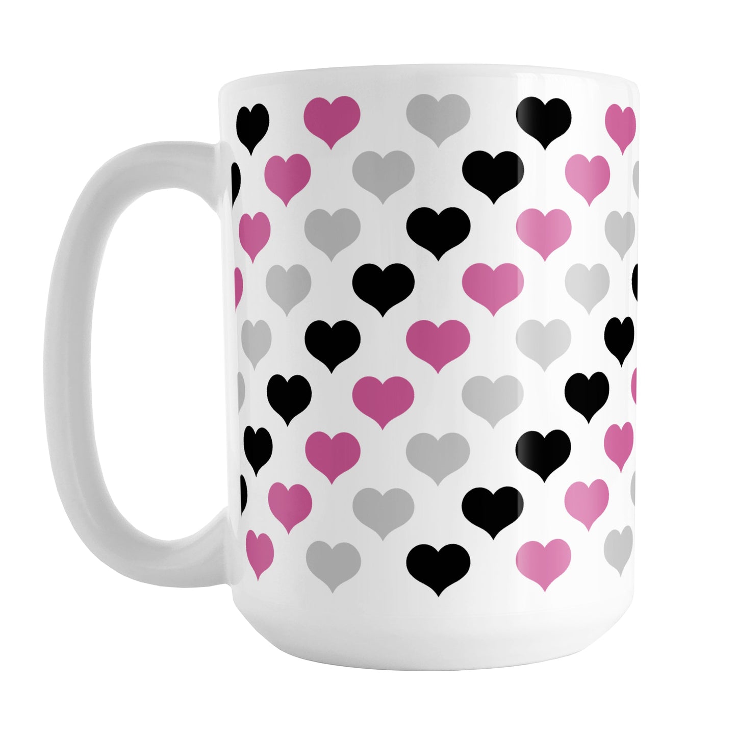 Pink Black Gray Hearts Pattern Mug (15oz) at Amy's Coffee Mugs. A ceramic coffee mug designed with a pattern of hearts in black, pink, and gray that wraps around the mug up to the handle.