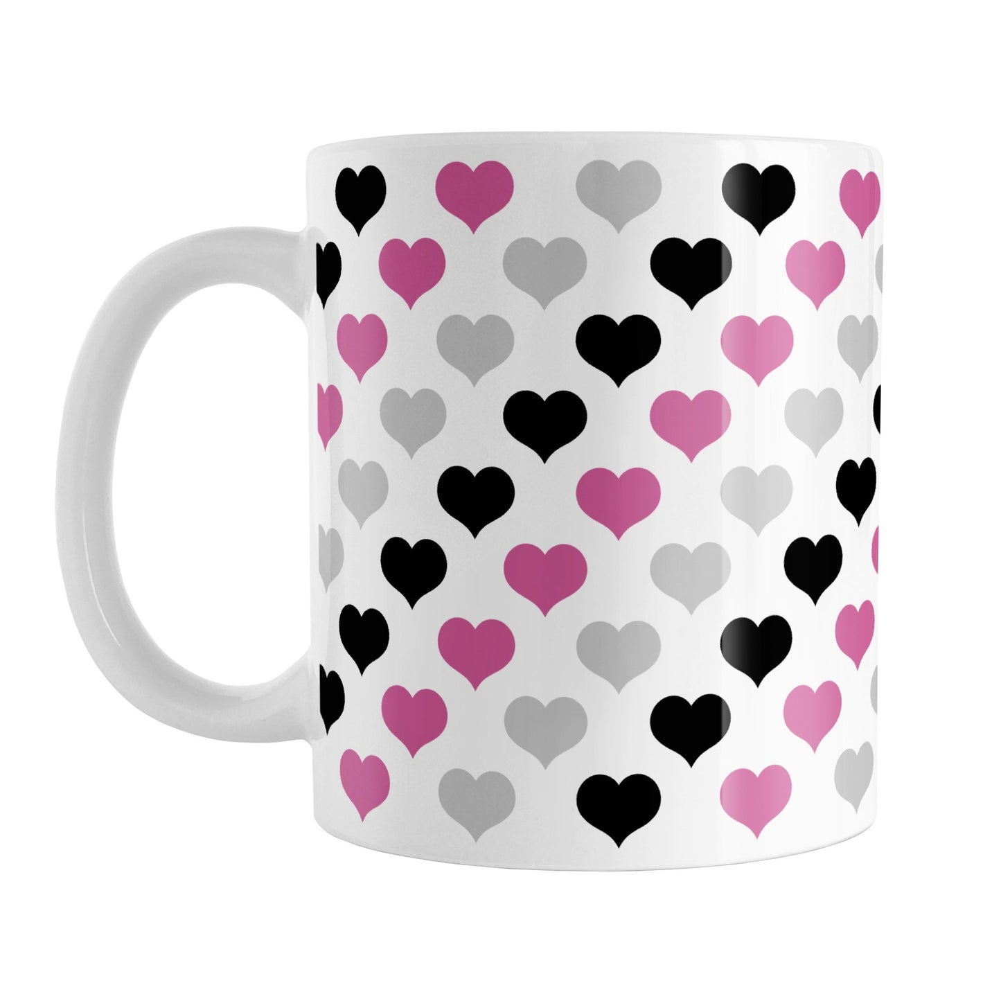 Pink Black Gray Hearts Pattern Mug (11oz) at Amy's Coffee Mugs. A ceramic coffee mug designed with a pattern of hearts in black, pink, and gray that wraps around the mug up to the handle.