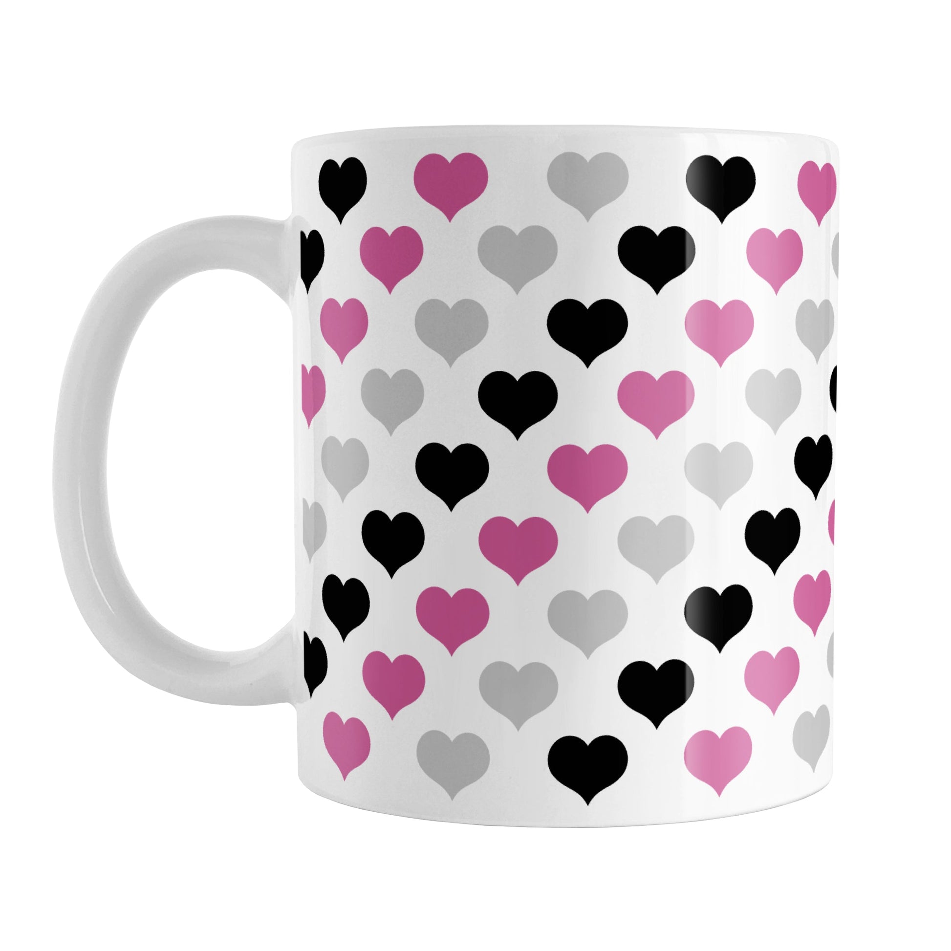 Pink Black Gray Hearts Pattern Mug (11oz) at Amy's Coffee Mugs. A ceramic coffee mug designed with a pattern of hearts in black, pink, and gray that wraps around the mug up to the handle.