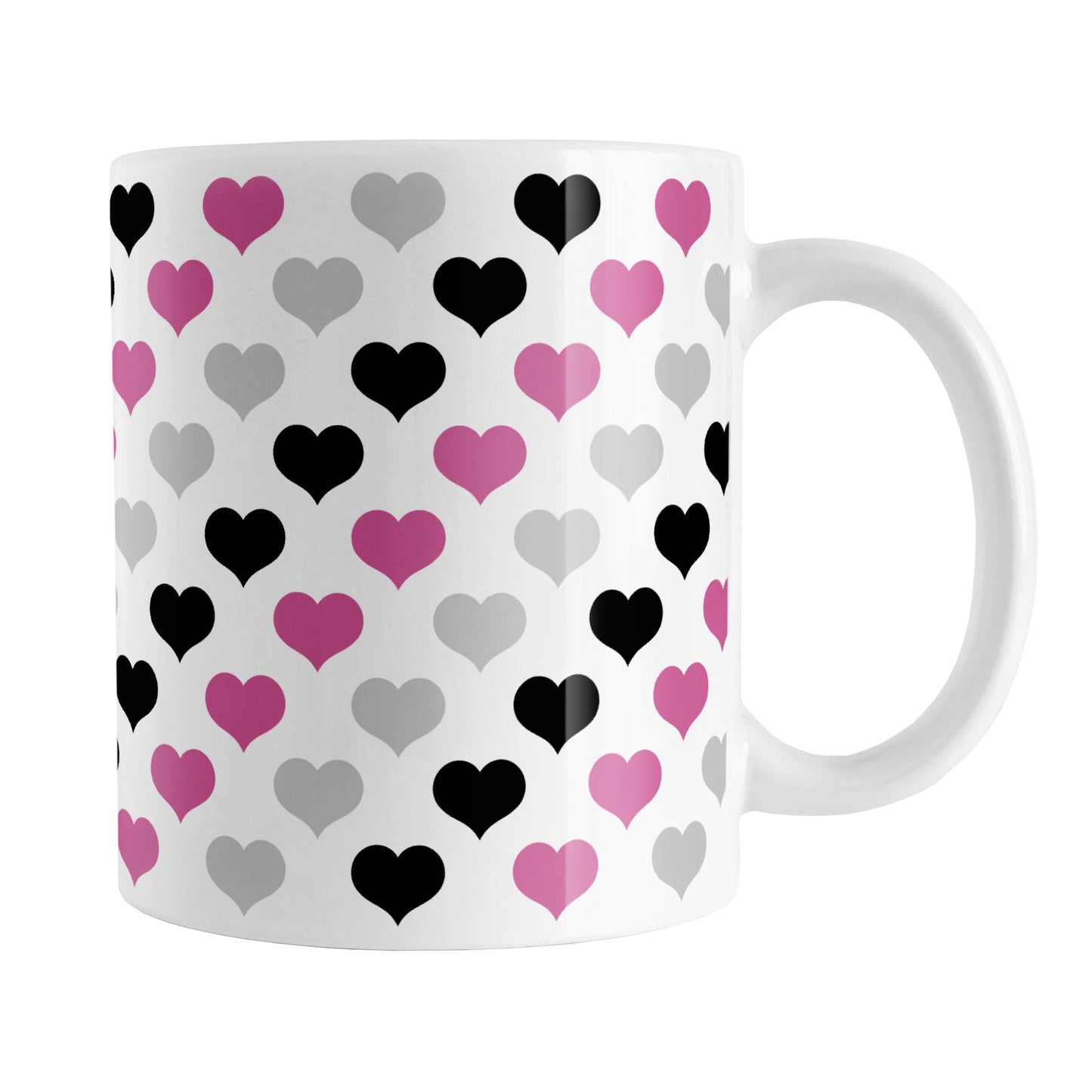Pink Black Gray Hearts Pattern Mug (11oz) at Amy's Coffee Mugs. A ceramic coffee mug designed with a pattern of hearts in black, pink, and gray that wraps around the mug up to the handle.