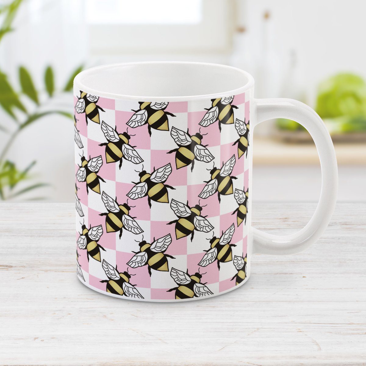Pink Checkered Bee Mug (11oz) at Amy's Coffee Mugs