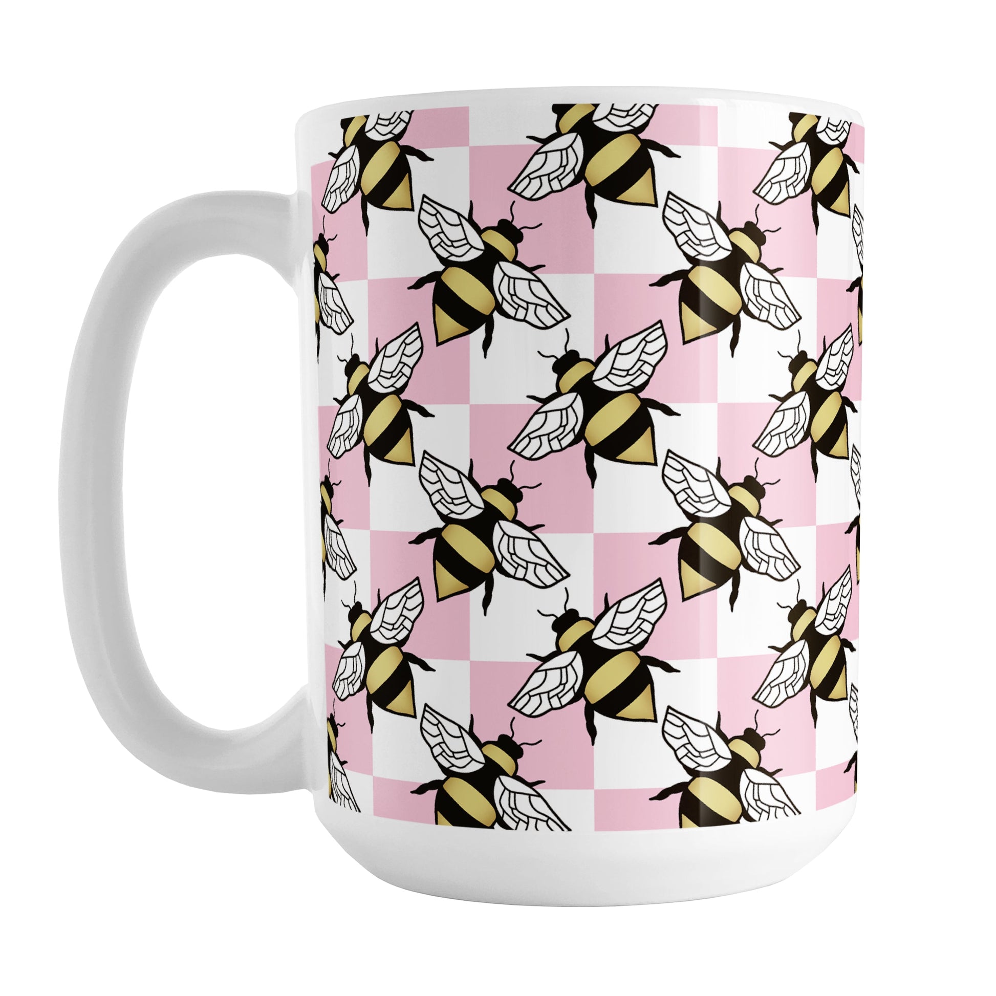 Pink Checkered Bee Mug (15oz) at Amy's Coffee Mugs. A ceramic coffee mug designed with a pink and white checkered pattern adorned with alternately facing bees over the check pattern. This design wraps around the mug up to the handle.