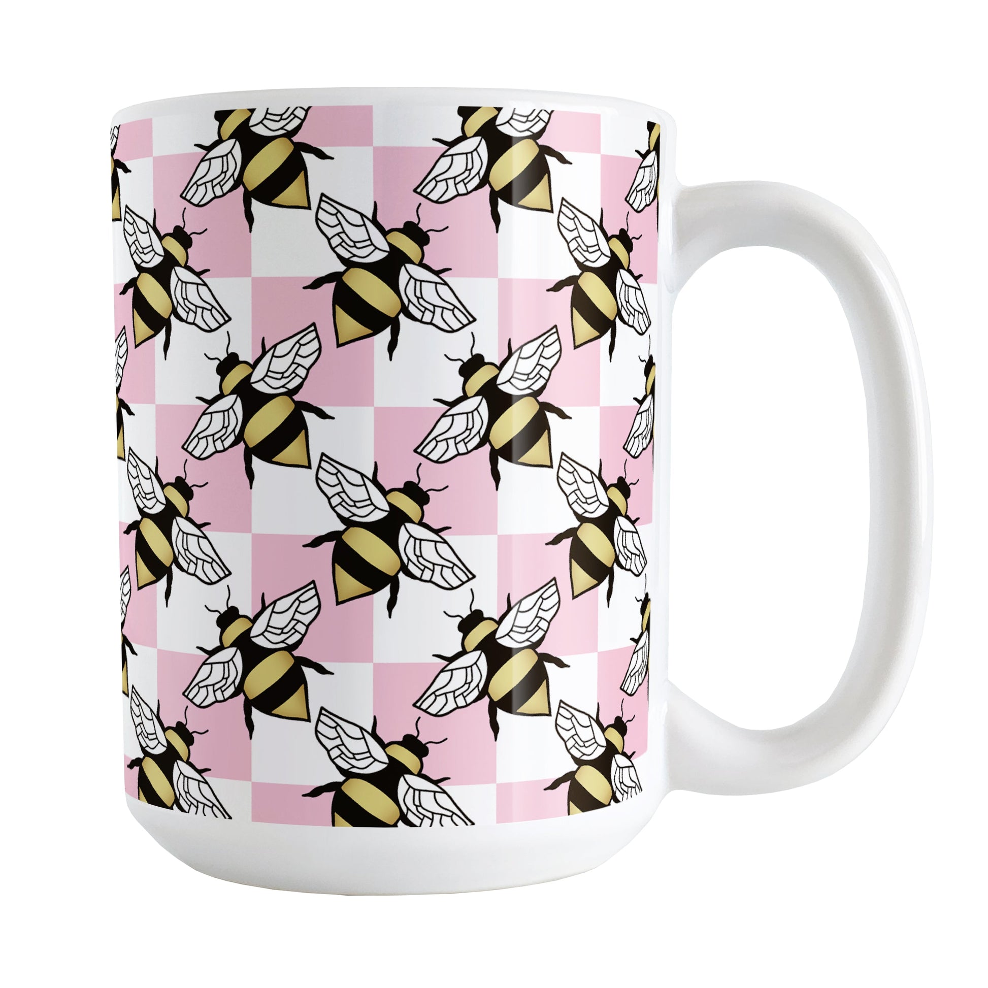 Pink Checkered Bee Mug (15oz) at Amy's Coffee Mugs. A ceramic coffee mug designed with a pink and white checkered pattern adorned with alternately facing bees over the check pattern. This design wraps around the mug up to the handle.
