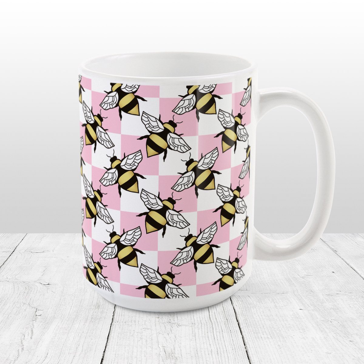 Pink Checkered Bee Mug (15oz) at Amy's Coffee Mugs