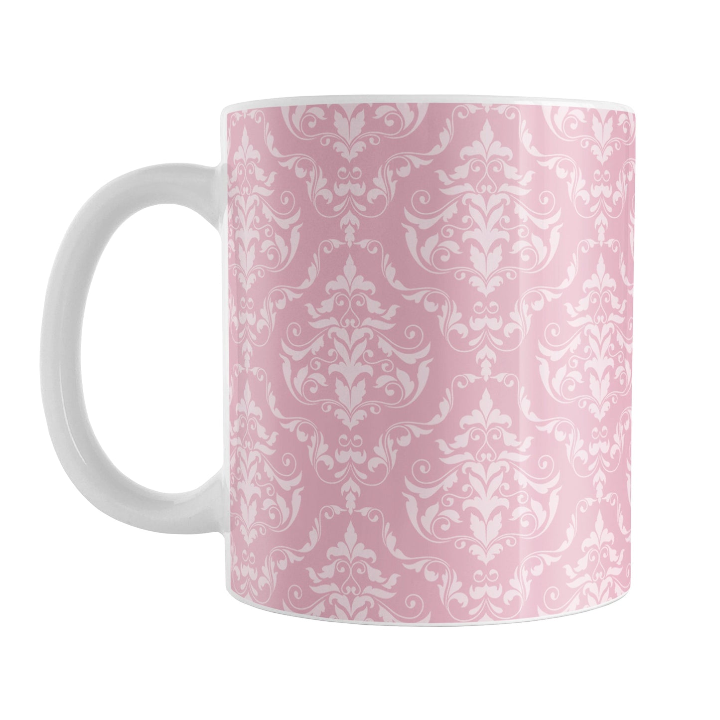 Pink Damask Pattern Mug (11oz) at Amy's Coffee Mugs. A ceramic coffee mug designed with a pink and light pink damask pattern that wraps around the mug up to the handle.