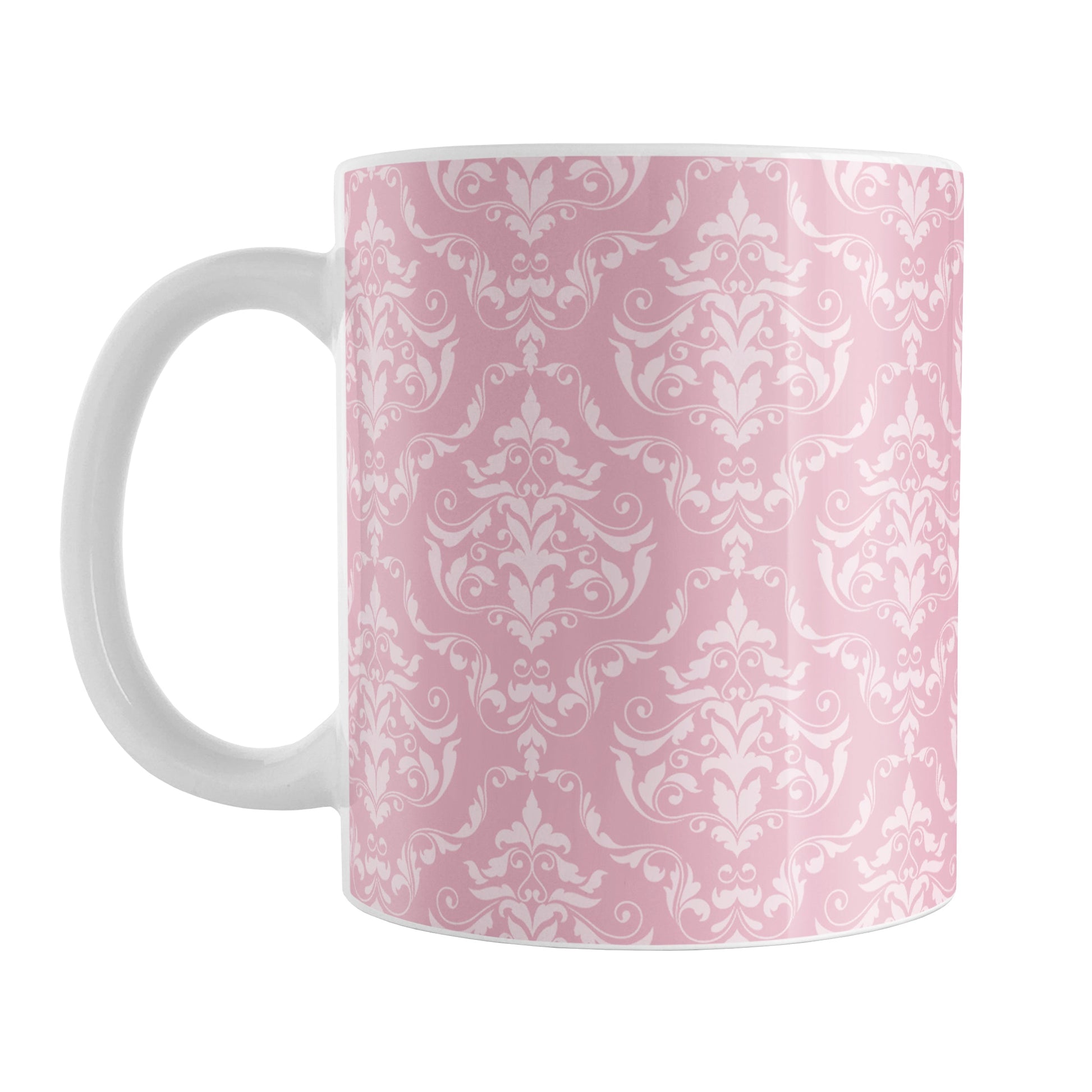Pink Damask Pattern Mug (11oz) at Amy's Coffee Mugs. A ceramic coffee mug designed with a pink and light pink damask pattern that wraps around the mug up to the handle.