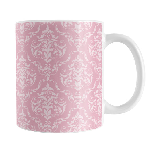 Pink Damask Pattern Mug (11oz) at Amy's Coffee Mugs. A ceramic coffee mug designed with a pink and light pink damask pattern that wraps around the mug up to the handle.