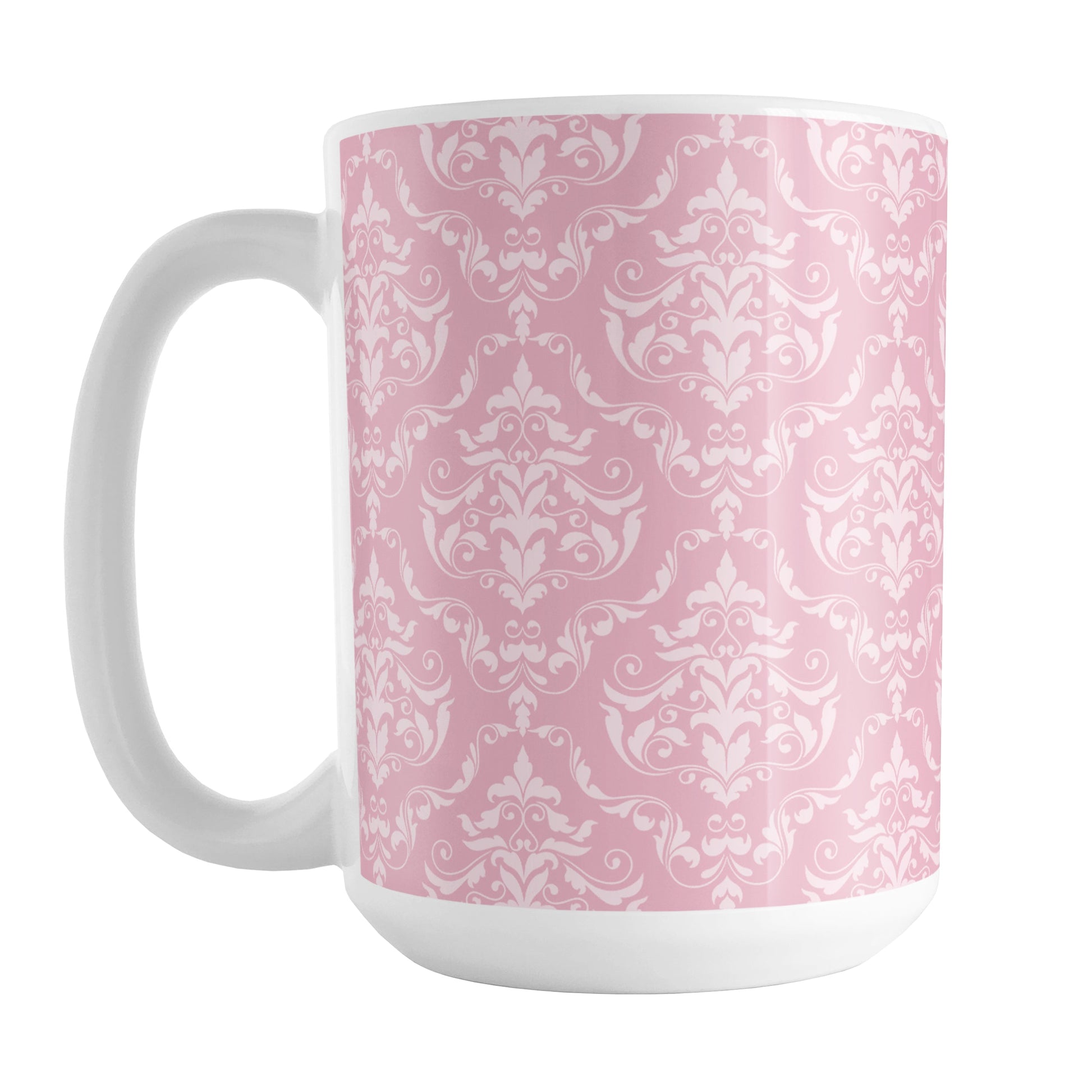 Pink Damask Pattern Mug (15oz) at Amy's Coffee Mugs. A ceramic coffee mug designed with a pink and light pink damask pattern that wraps around the mug up to the handle.