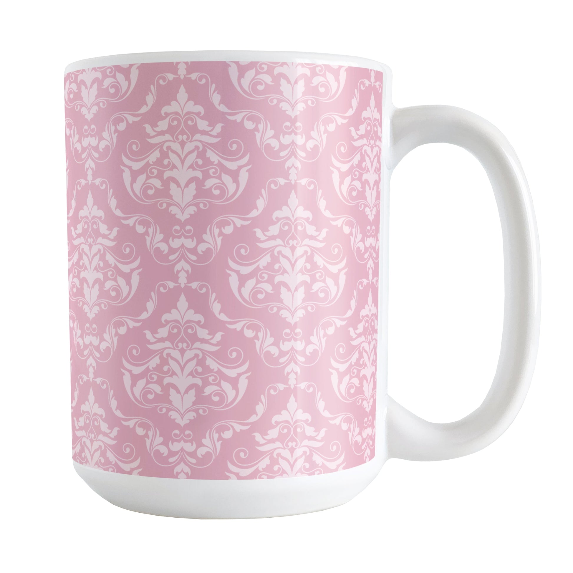 Pink Damask Pattern Mug (15oz) at Amy's Coffee Mugs. A ceramic coffee mug designed with a pink and light pink damask pattern that wraps around the mug up to the handle.