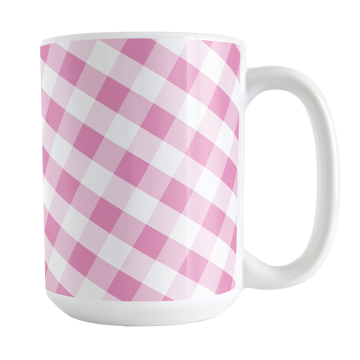 Pink Gingham Mug (15oz) at Amy's Coffee Mugs. A ceramic coffee mug designed with a slanted white and pink gingham pattern that wraps around the mug up to the handle.