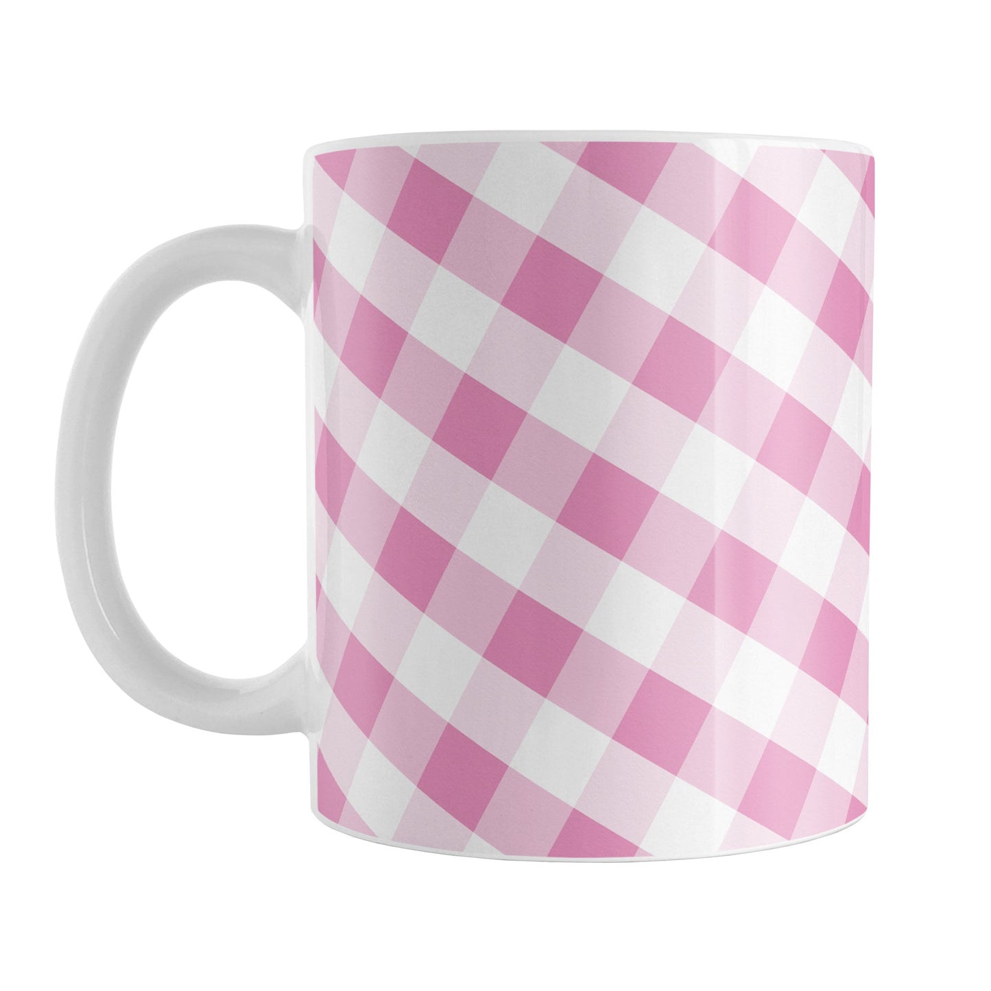 Pink Gingham Mug (11oz) at Amy's Coffee Mugs. A ceramic coffee mug designed with a slanted white and pink gingham pattern that wraps around the mug up to the handle.