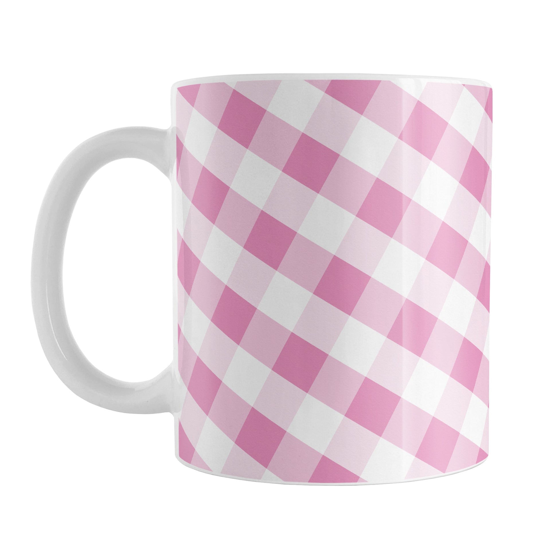 Pink Gingham Mug (11oz) at Amy's Coffee Mugs. A ceramic coffee mug designed with a slanted white and pink gingham pattern that wraps around the mug up to the handle.