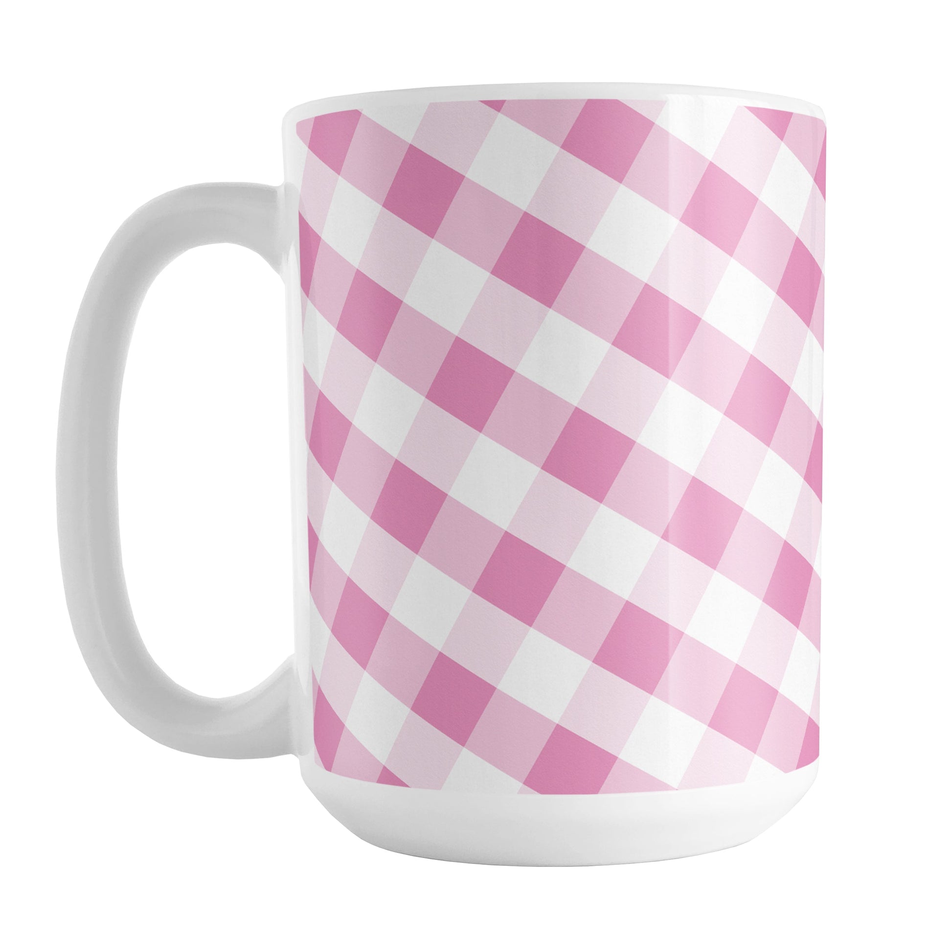 Pink Gingham Mug (15oz) at Amy's Coffee Mugs. A ceramic coffee mug designed with a slanted white and pink gingham pattern that wraps around the mug up to the handle.