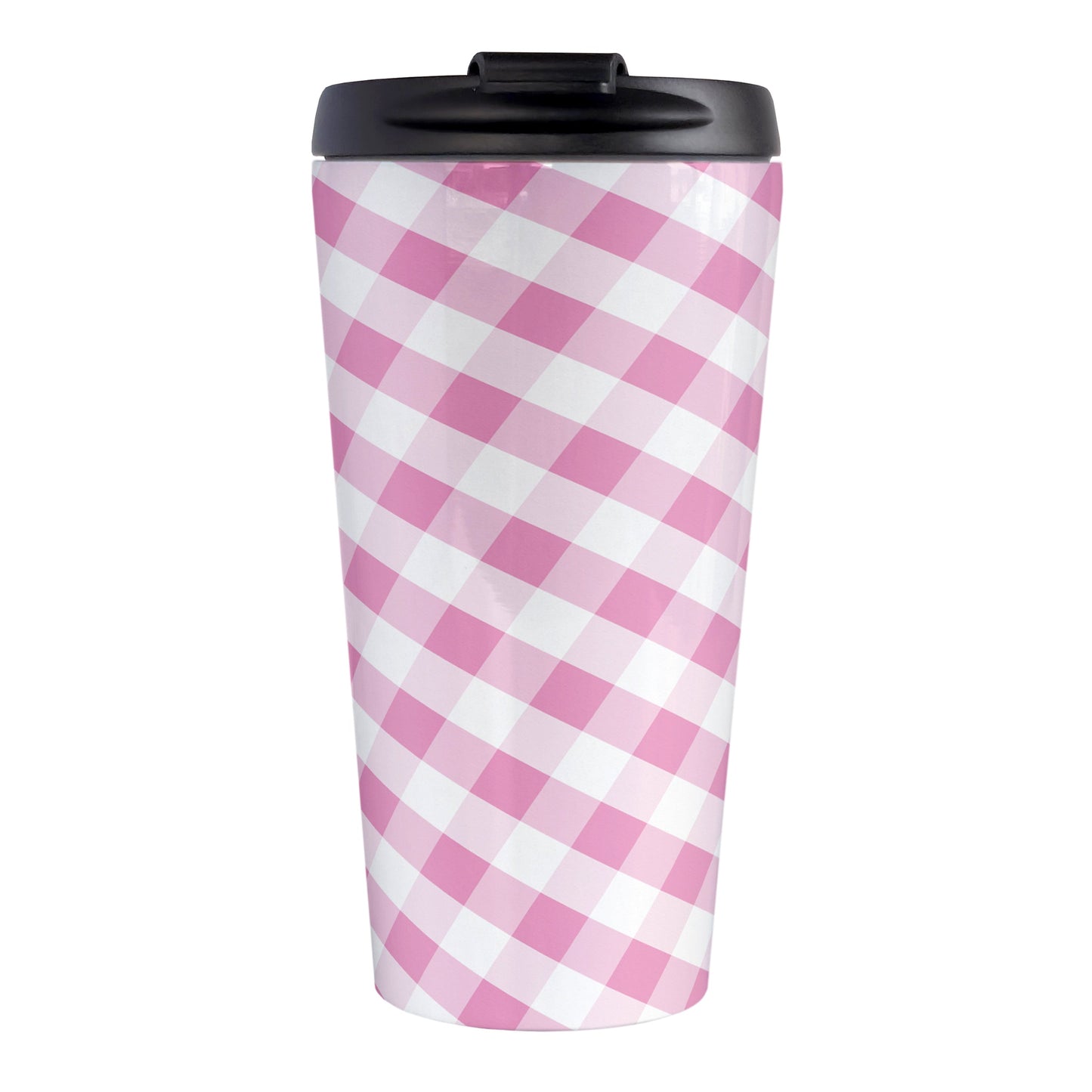 Pink Gingham Travel Mug (15oz, stainless steel insulated) at Amy's Coffee Mugs. A travel mug designed with a slanted pink and white gingham pattern that wraps around the travel mug.