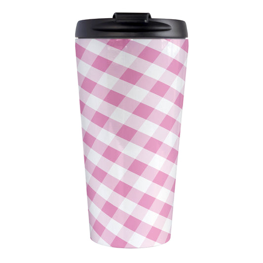 Pink Gingham Travel Mug (15oz, stainless steel insulated) at Amy's Coffee Mugs. A travel mug designed with a slanted pink and white gingham pattern that wraps around the travel mug.