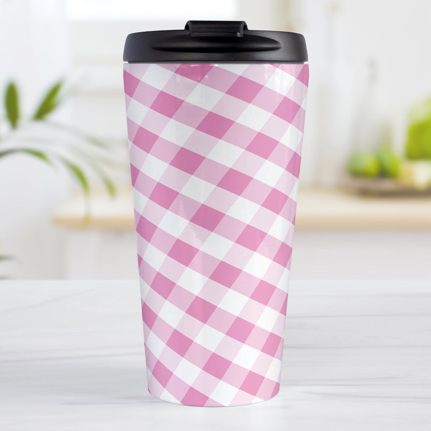 Pink Gingham Travel Mug (15oz, stainless steel insulated) at Amy's Coffee Mugs. A travel mug designed with a slanted pink and white gingham pattern that wraps around the travel mug.