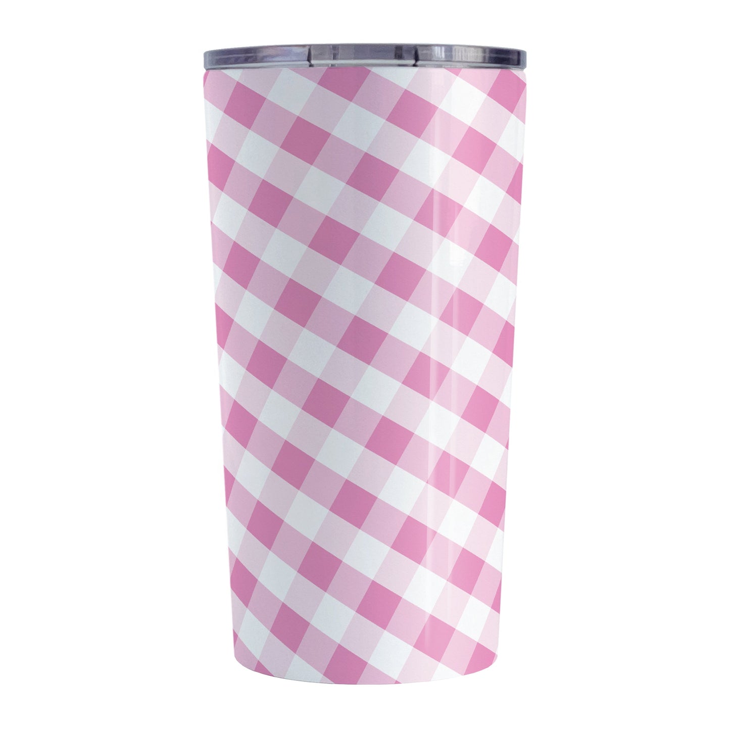 Pink Gingham Tumbler Cup (20oz, stainless steel insulated) at Amy's Coffee Mugs. A tumbler cup designed with a slanted pink and white gingham pattern that wraps around the cup.
