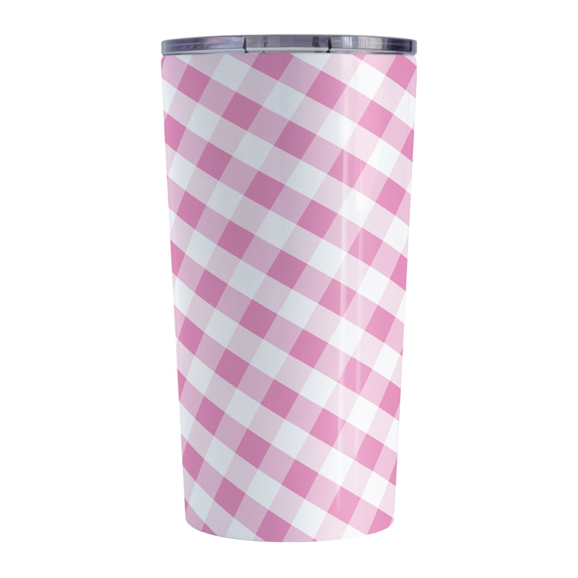 Pink Gingham Tumbler Cup (20oz, stainless steel insulated) at Amy's Coffee Mugs. A tumbler cup designed with a slanted pink and white gingham pattern that wraps around the cup.