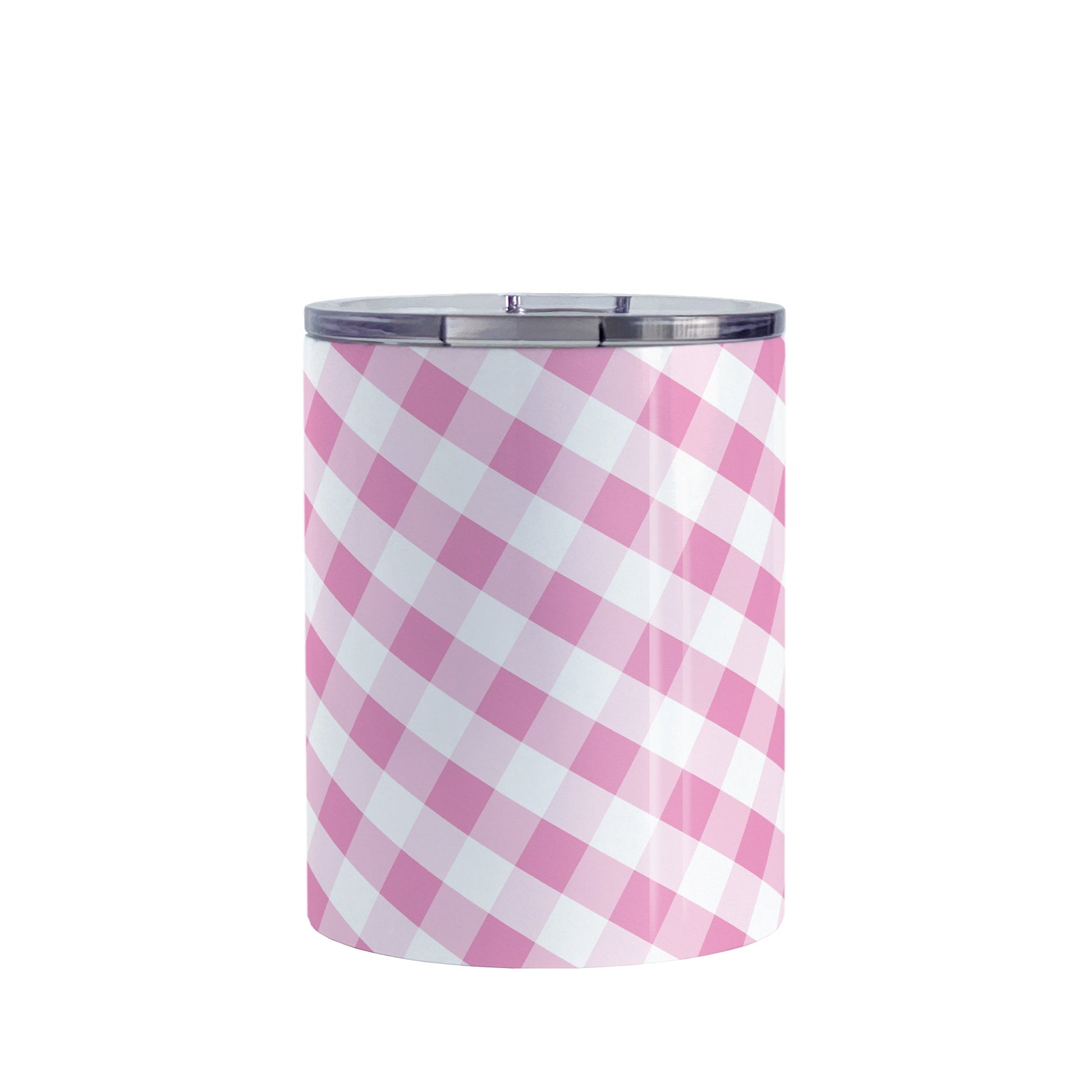 Pink Gingham Tumbler Cup (10oz, stainless steel insulated) at Amy's Coffee Mugs. A tumbler cup designed with a slanted pink and white gingham pattern that wraps around the cup.