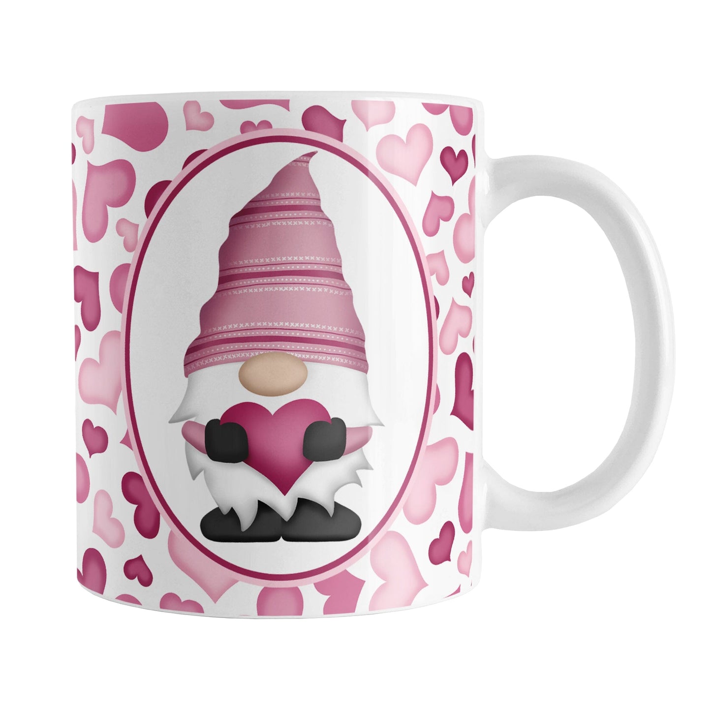 Pink Gnome Hearts Mug (11oz) at Amy's Coffee Mugs. A ceramic coffee mug designed with an adorable pink gnome in a white oval on both sides of the mug over a pattern of cute hearts in different shades of pink that wrap around the mug to the handle.
