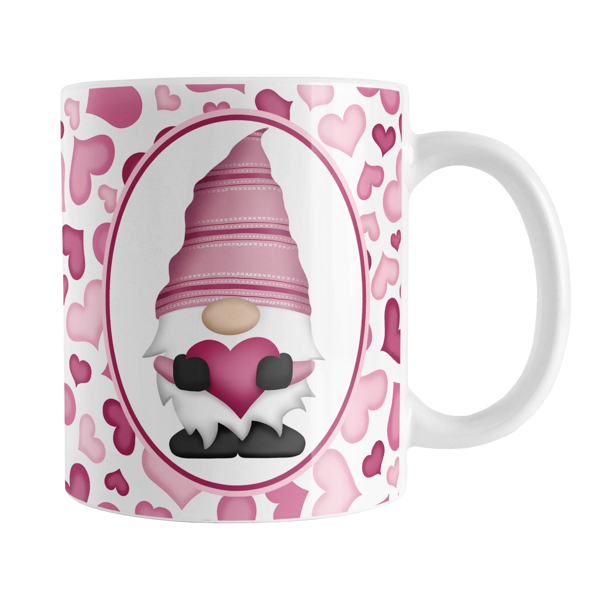 Pink Gnome Hearts Mug (11oz) at Amy's Coffee Mugs. A ceramic coffee mug designed with an adorable pink gnome in a white oval on both sides of the mug over a pattern of cute hearts in different shades of pink that wrap around the mug to the handle.