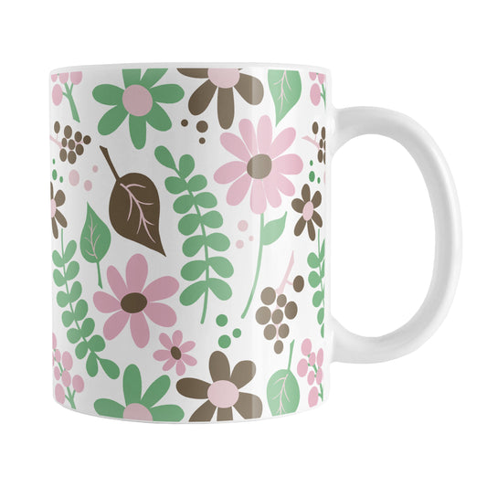 Pink Green Brown Floral Pattern Mug (11oz) at Amy's Coffee Mugs. A ceramic coffee mug designed with flowers and leaves in pink, green, and brown in a pretty floral pattern that wraps around the mug up to the handle.