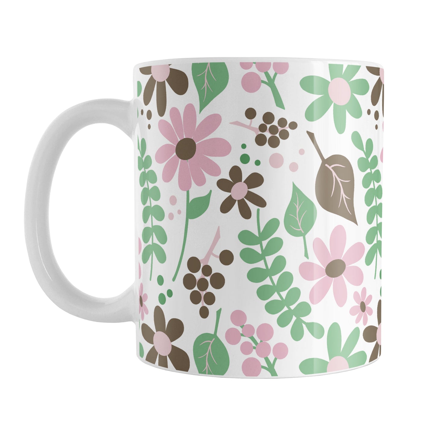 Pink Green Brown Floral Pattern Mug (11oz) at Amy's Coffee Mugs. A ceramic coffee mug designed with flowers and leaves in pink, green, and brown in a pretty floral pattern that wraps around the mug up to the handle.