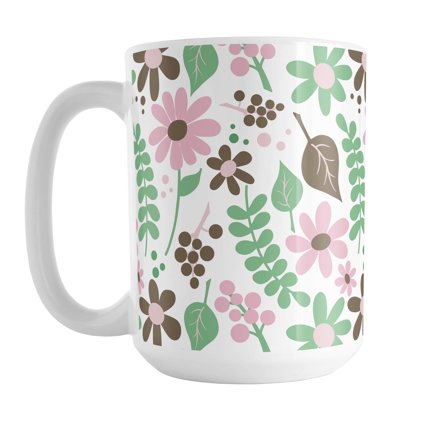 Pink Green Brown Floral Pattern Mug (15oz) at Amy's Coffee Mugs. A ceramic coffee mug designed with flowers and leaves in pink, green, and brown in a pretty floral pattern that wraps around the mug up to the handle.