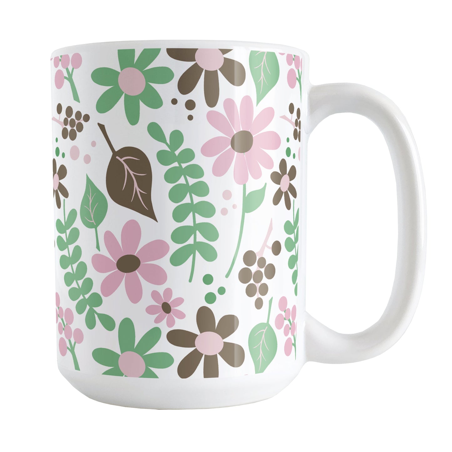 Pink Green Brown Floral Pattern Mug (15oz) at Amy's Coffee Mugs. A ceramic coffee mug designed with flowers and leaves in pink, green, and brown in a pretty floral pattern that wraps around the mug up to the handle.