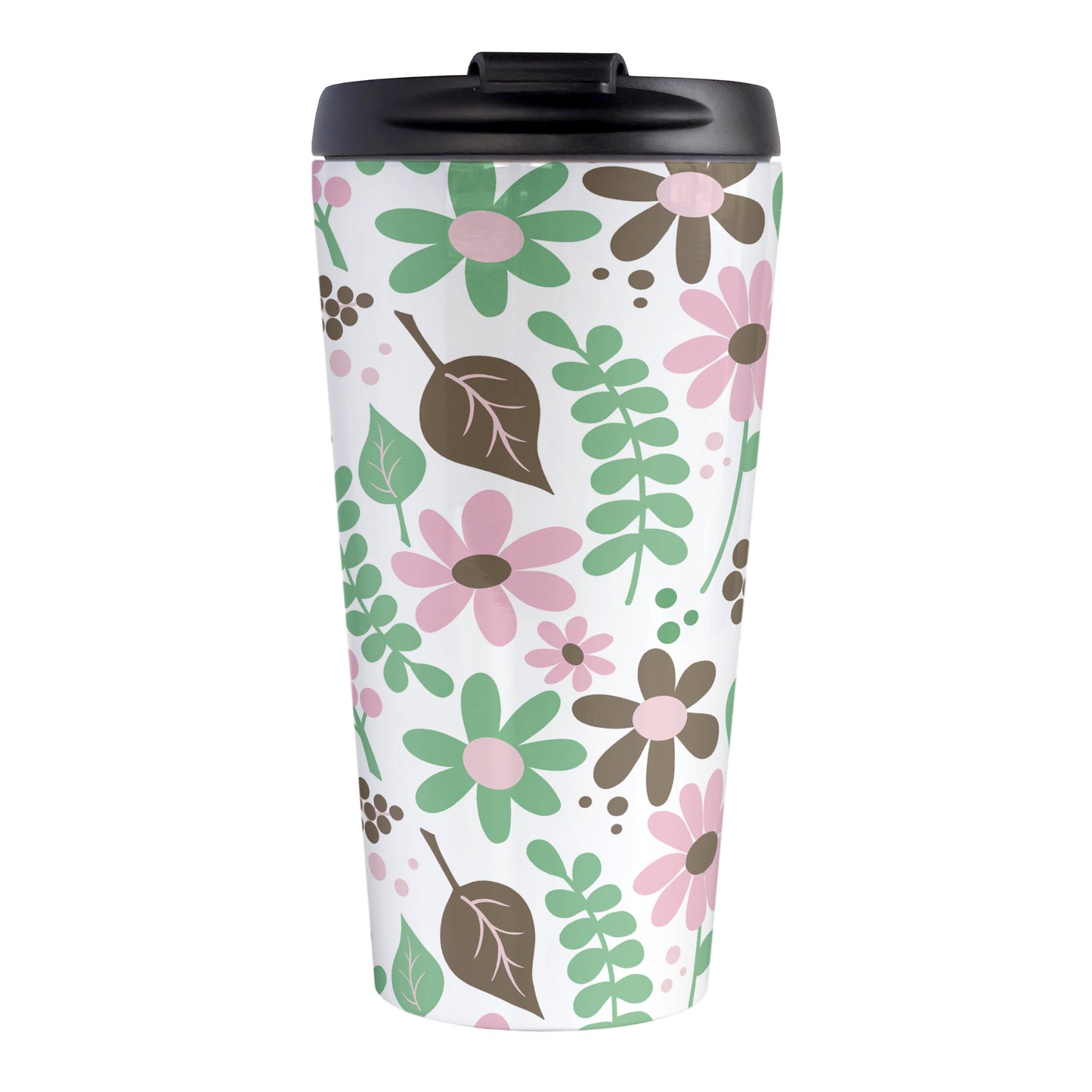 Pink Green Brown Floral Pattern Travel Mug (15oz, stainless steel insulated) at Amy's Coffee Mugs. A travel mug designed with flowers and leaves in pink, green, and brown in a pretty floral pattern that wraps around the mug.