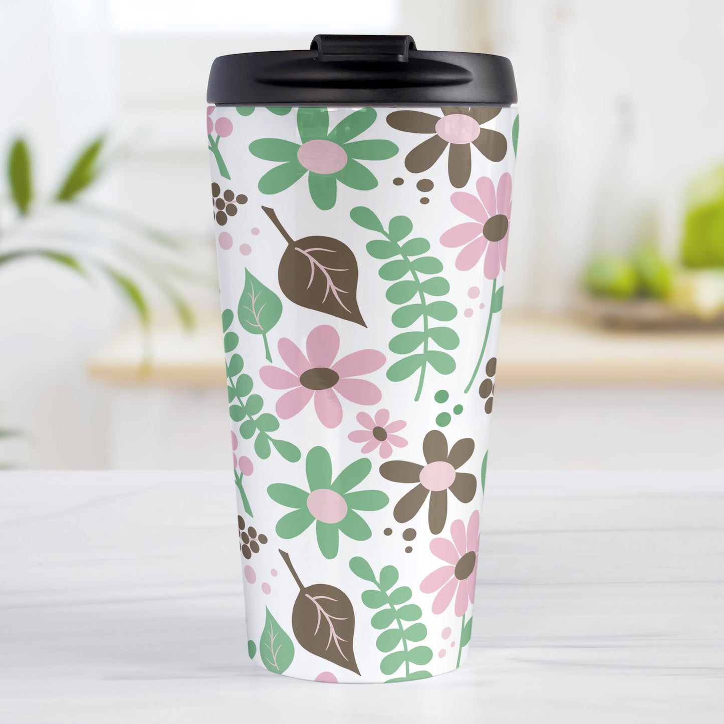 Pink Green Brown Floral Pattern Travel Mug (15oz, stainless steel insulated) at Amy's Coffee Mugs. A travel mug designed with flowers and leaves in pink, green, and brown in a pretty floral pattern that wraps around the mug.