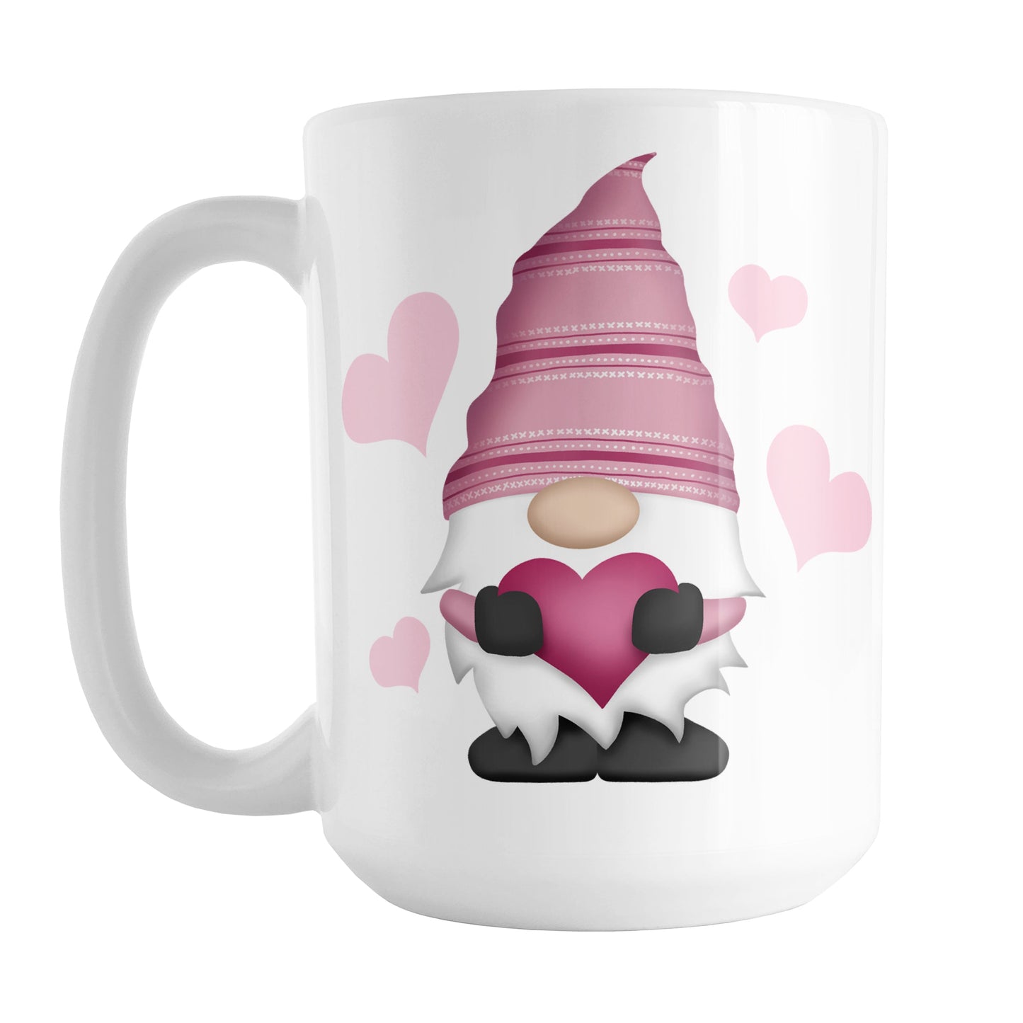 Pink Heart Gnome Mug (15oz) at Amy's Coffee Mugs. A ceramic coffee mug designed with a cute pink hat-wearing gnome holding a fuchsia pink heart with four light pink hearts around it on both sides of the mug.