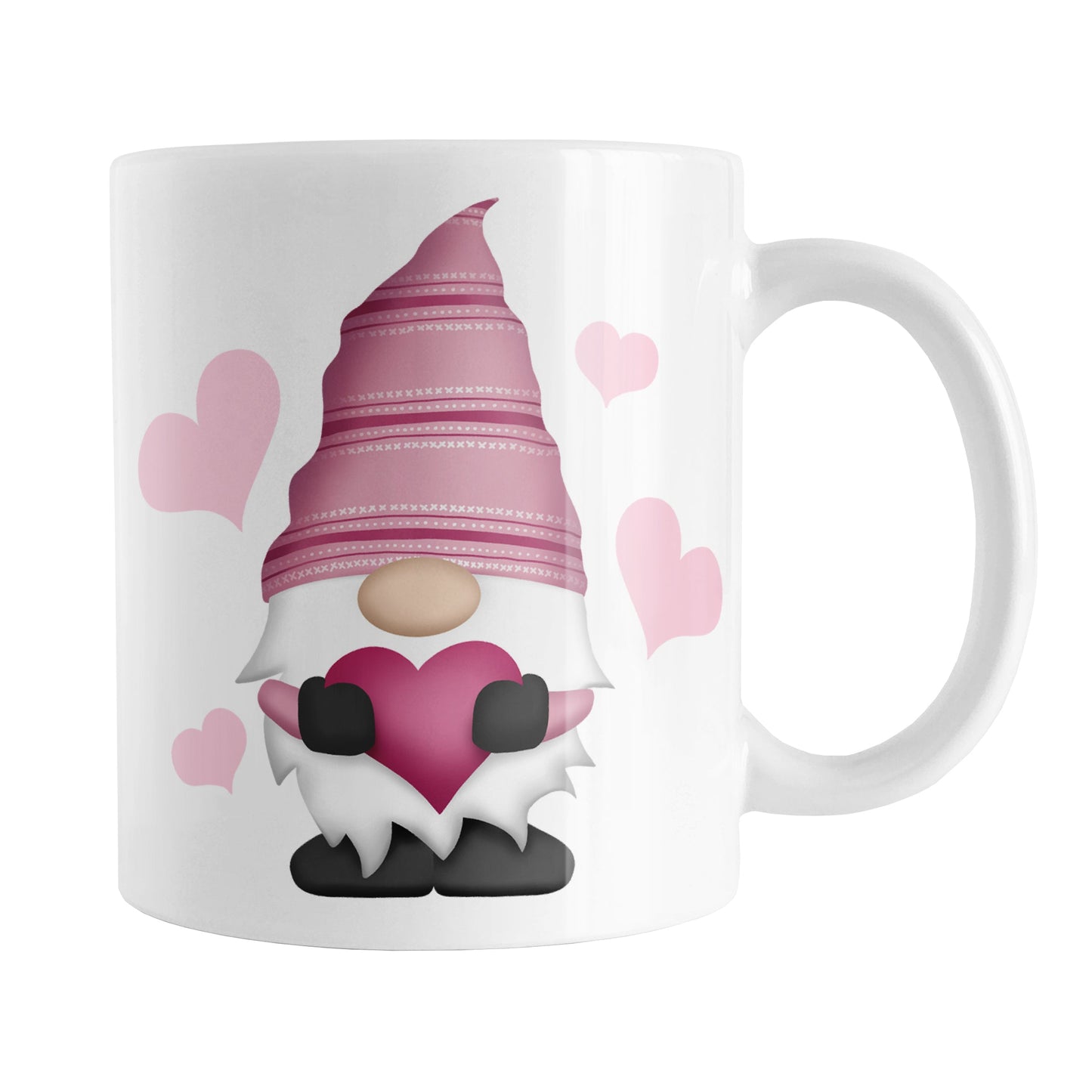 Pink Heart Gnome Mug (11oz) at Amy's Coffee Mugs. A ceramic coffee mug designed with a cute pink hat-wearing gnome holding a fuchsia pink heart with four light pink hearts around it on both sides of the mug.