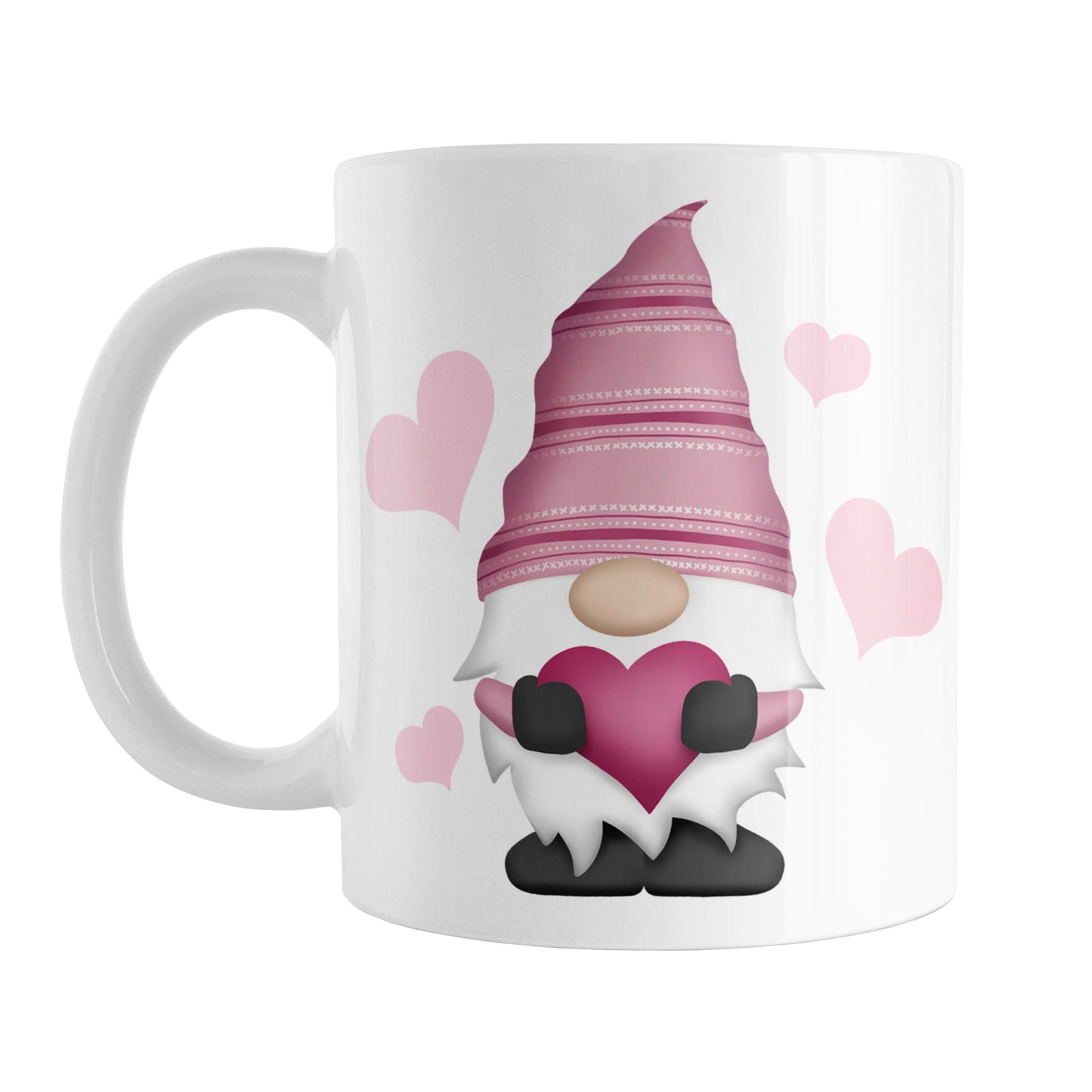 Pink Heart Gnome Mug (11oz) at Amy's Coffee Mugs. A ceramic coffee mug designed with a cute pink hat-wearing gnome holding a fuchsia pink heart with four light pink hearts around it on both sides of the mug.
