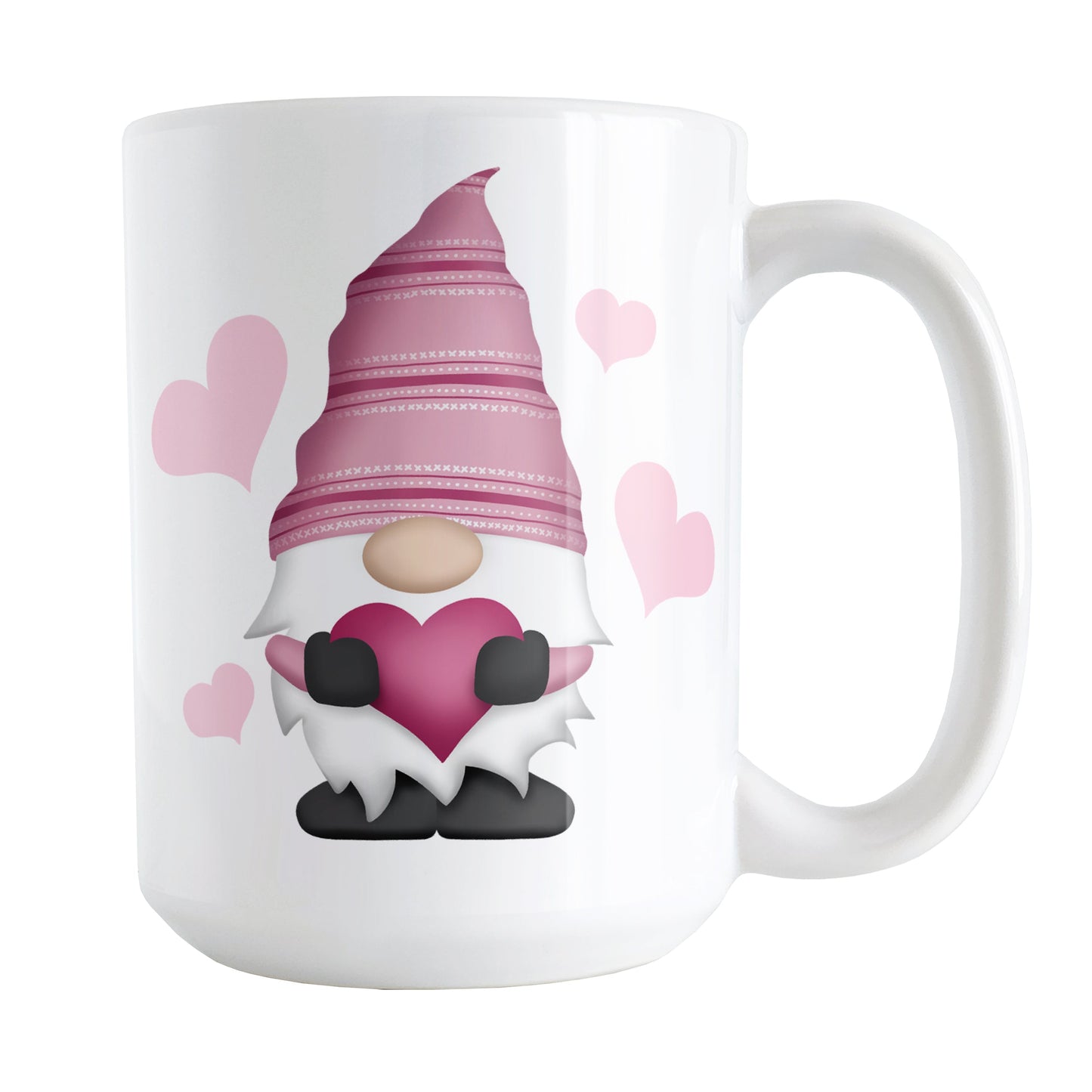 Pink Heart Gnome Mug (15oz) at Amy's Coffee Mugs. A ceramic coffee mug designed with a cute pink hat-wearing gnome holding a fuchsia pink heart with four light pink hearts around it on both sides of the mug.