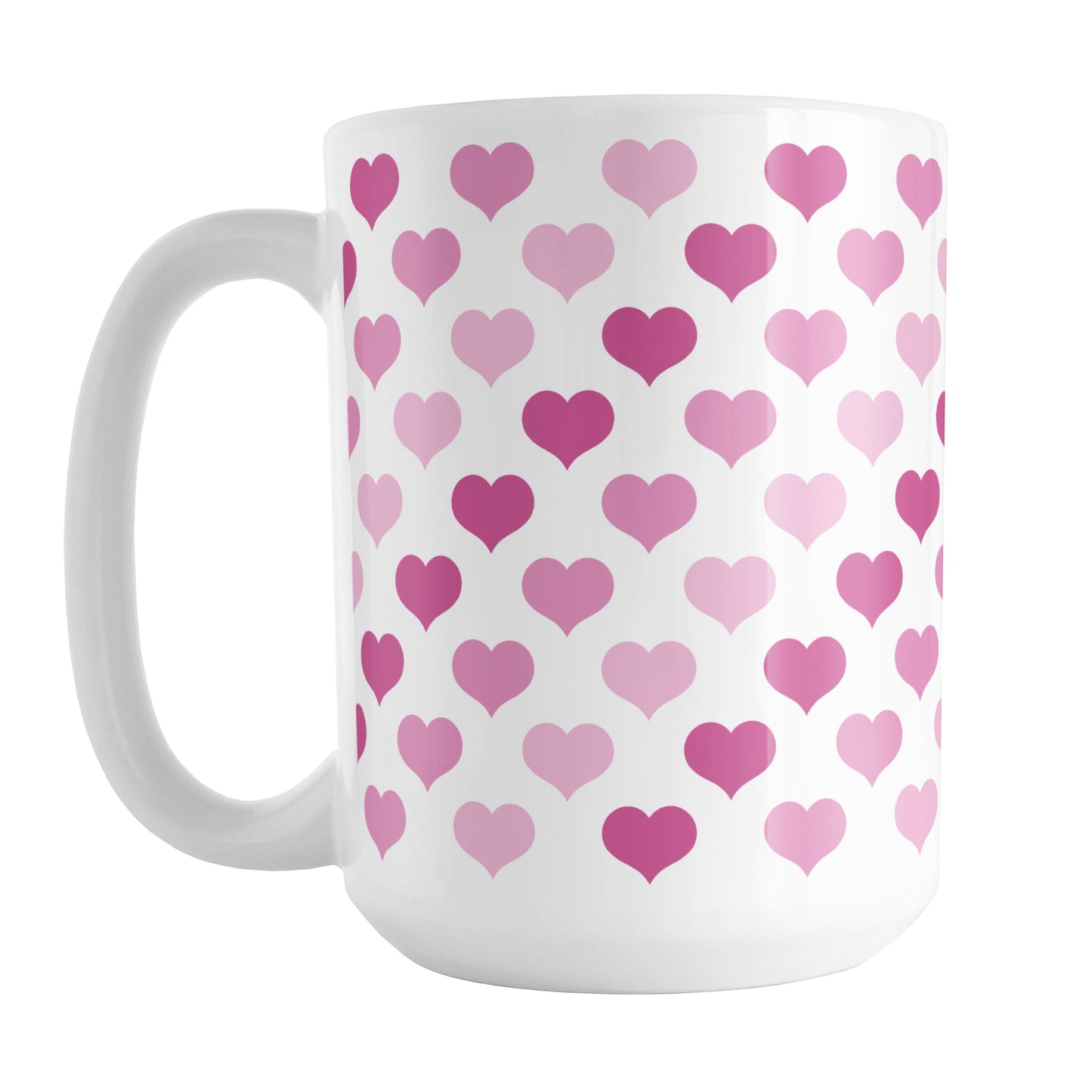 Pink Hearts Pattern Mug (15oz) at Amy's Coffee Mugs. A ceramic coffee mug designed with a pattern of hearts in three different shades of pink that wraps around the mug up to the handle.