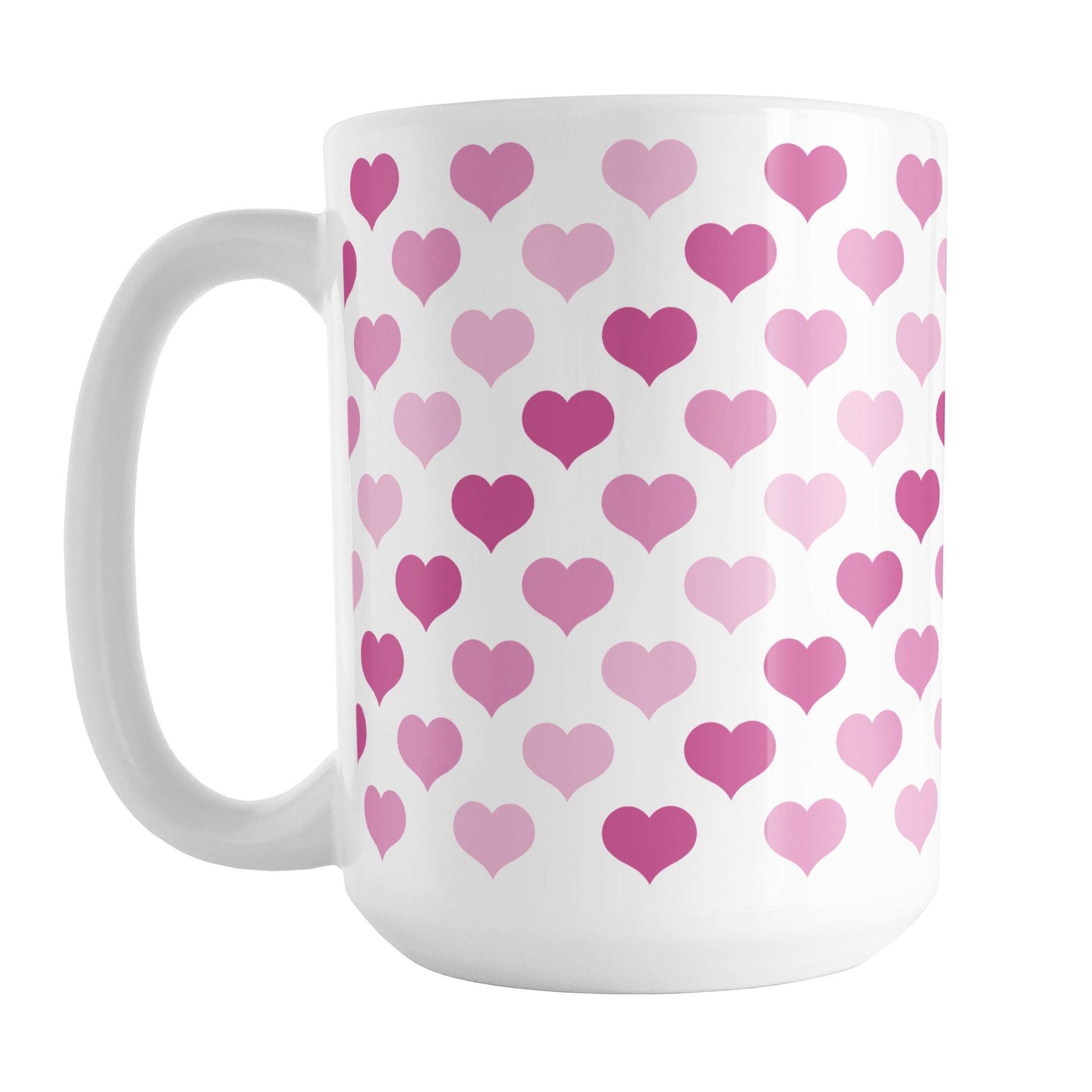 Pink Hearts Pattern Mug (15oz) at Amy's Coffee Mugs. A ceramic coffee mug designed with a pattern of hearts in three different shades of pink that wraps around the mug up to the handle.