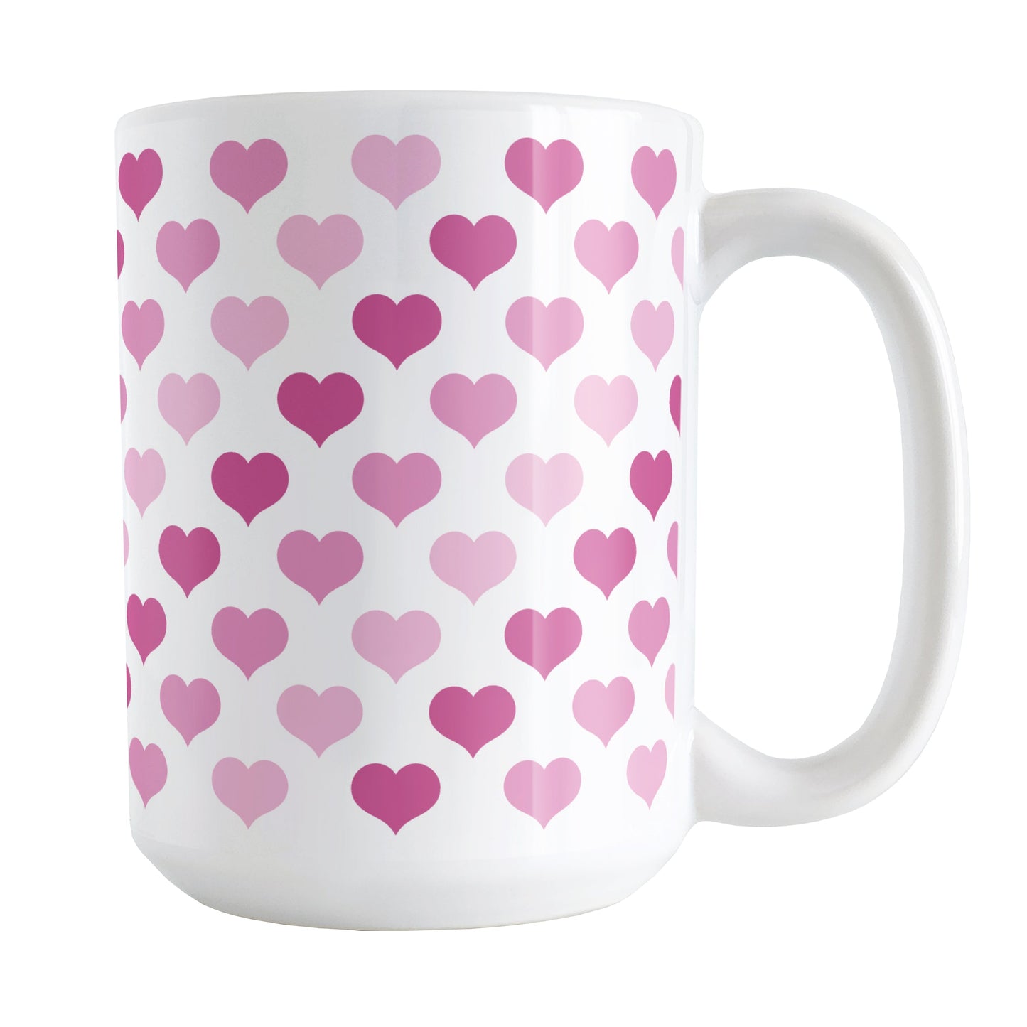 Pink Hearts Pattern Mug (15oz) at Amy's Coffee Mugs. A ceramic coffee mug designed with a pattern of hearts in three different shades of pink that wraps around the mug up to the handle.
